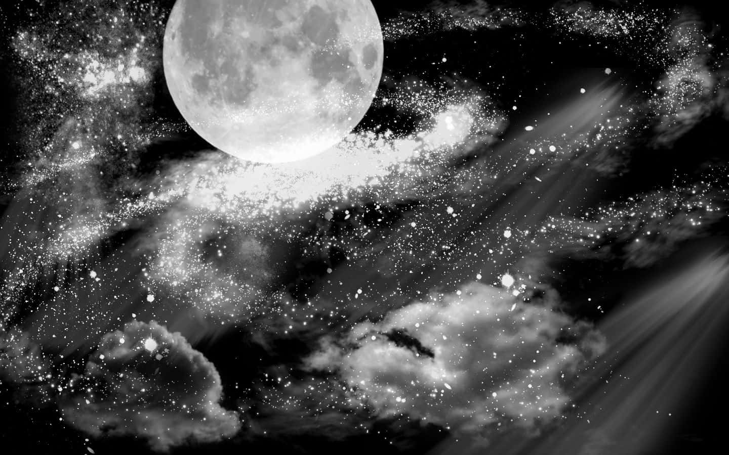 月亮與星星動畫 桌布 壁紙 — 單色天體場景，一輪明亮的滿月在旋轉的雲層和閃爍的宇宙塵埃上方發光。