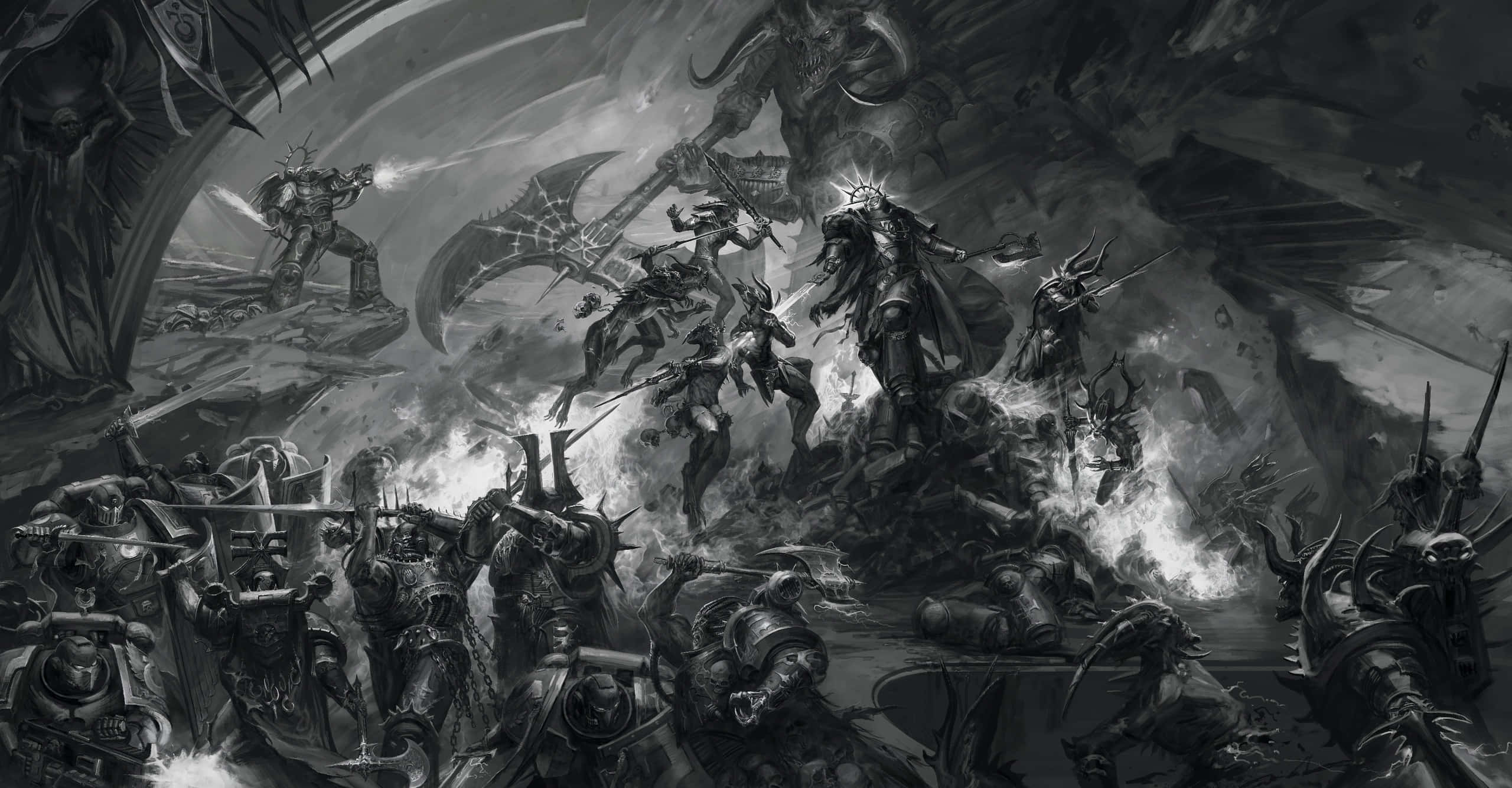 Dark War 桌布 壁紙 — 單色奇幻戰鬥場景，裝甲戰士與怪獸在熾熱混亂的競技場中交鋒。