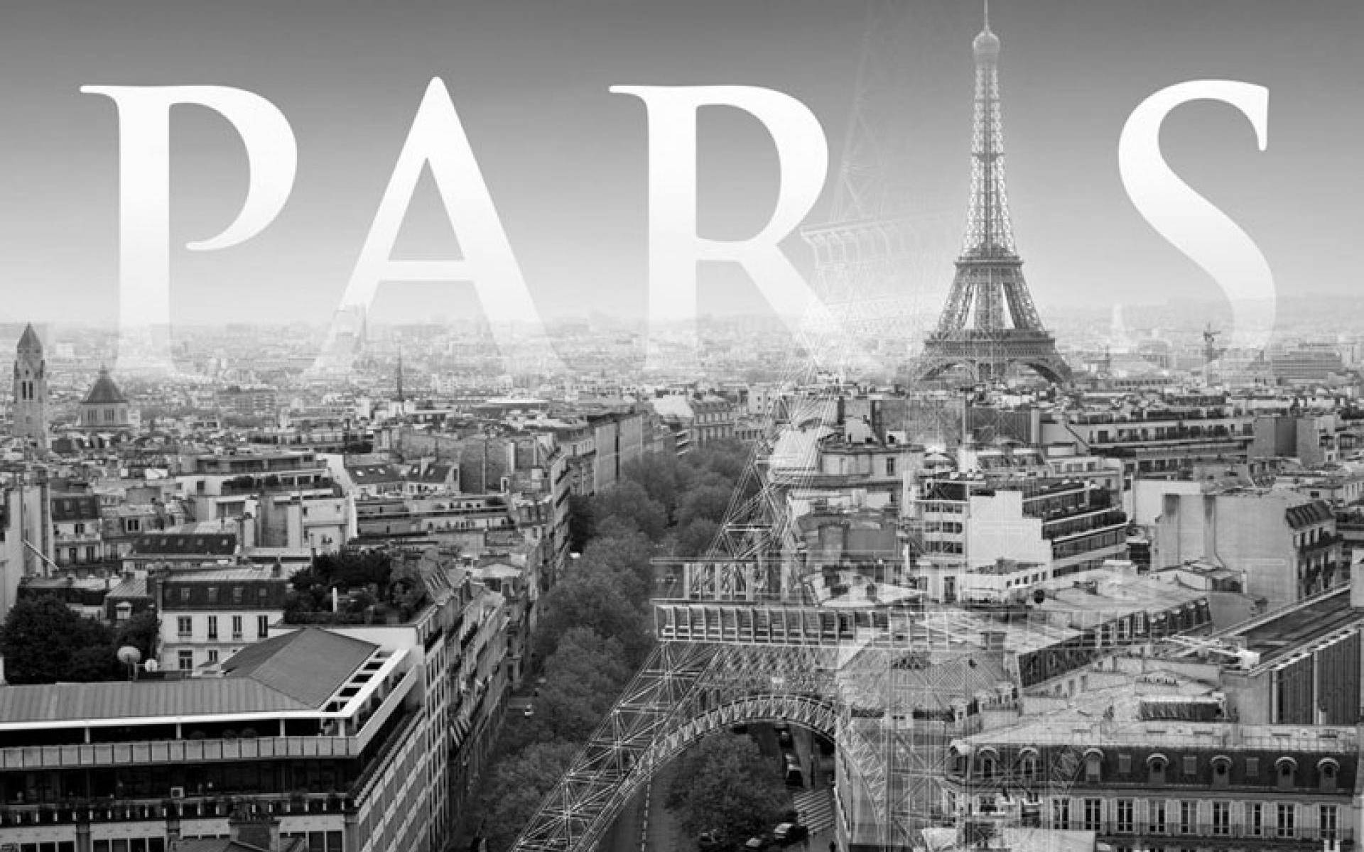 巴黎城市景觀與艾菲爾鐵塔的黑白航拍照片，帶有「PARIS」文字。