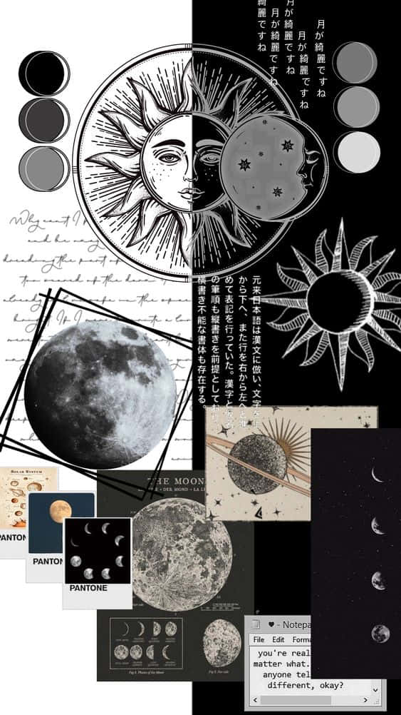 Sun And Moon Aesthetic 桌布 壁紙 — 單色拼貼畫，包含太陽、月亮盈虧等天體圖案，以及附有 Pantone 色票的手寫筆記。
