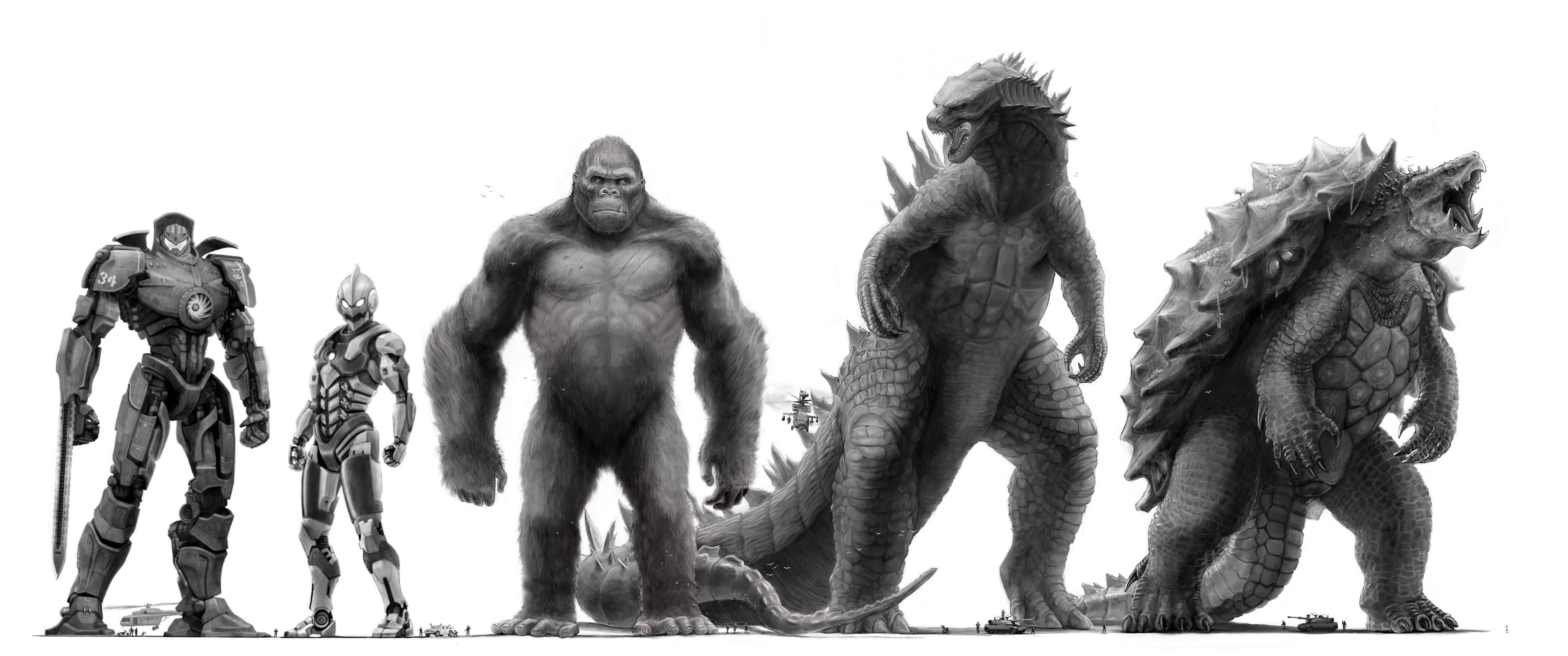 Gamera 桌布 壁紙 — 單色排列的巨型科幻和怪物角色，包括機械人和怪獸，並排站在素色背景前。