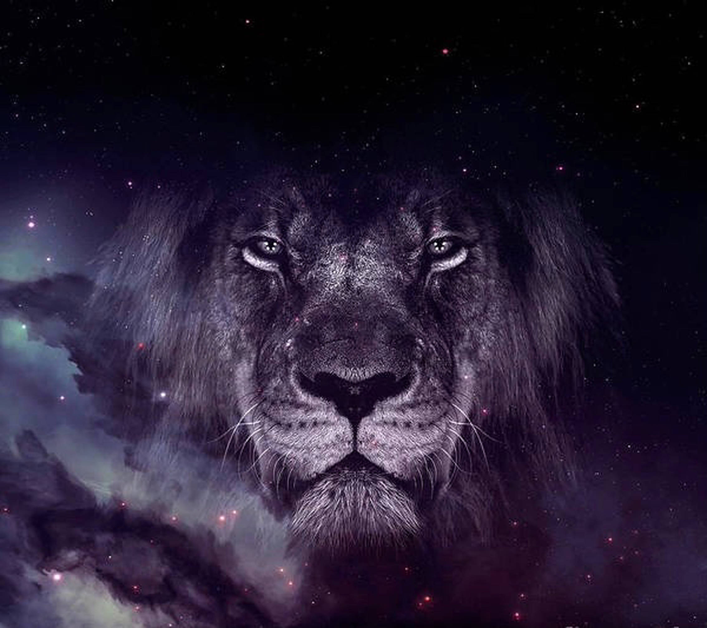 單色星際獅王 壁紙 — 一頭雄獅的臉龐從宇宙星雲和星辰中浮現，背景是深邃的太空。