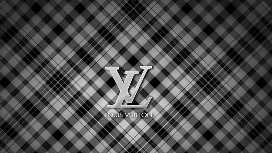 Checkered 桌布 壁紙 — 單色格紋牆紙，中央帶有金屬光澤的 Louis Vuitton 標誌。