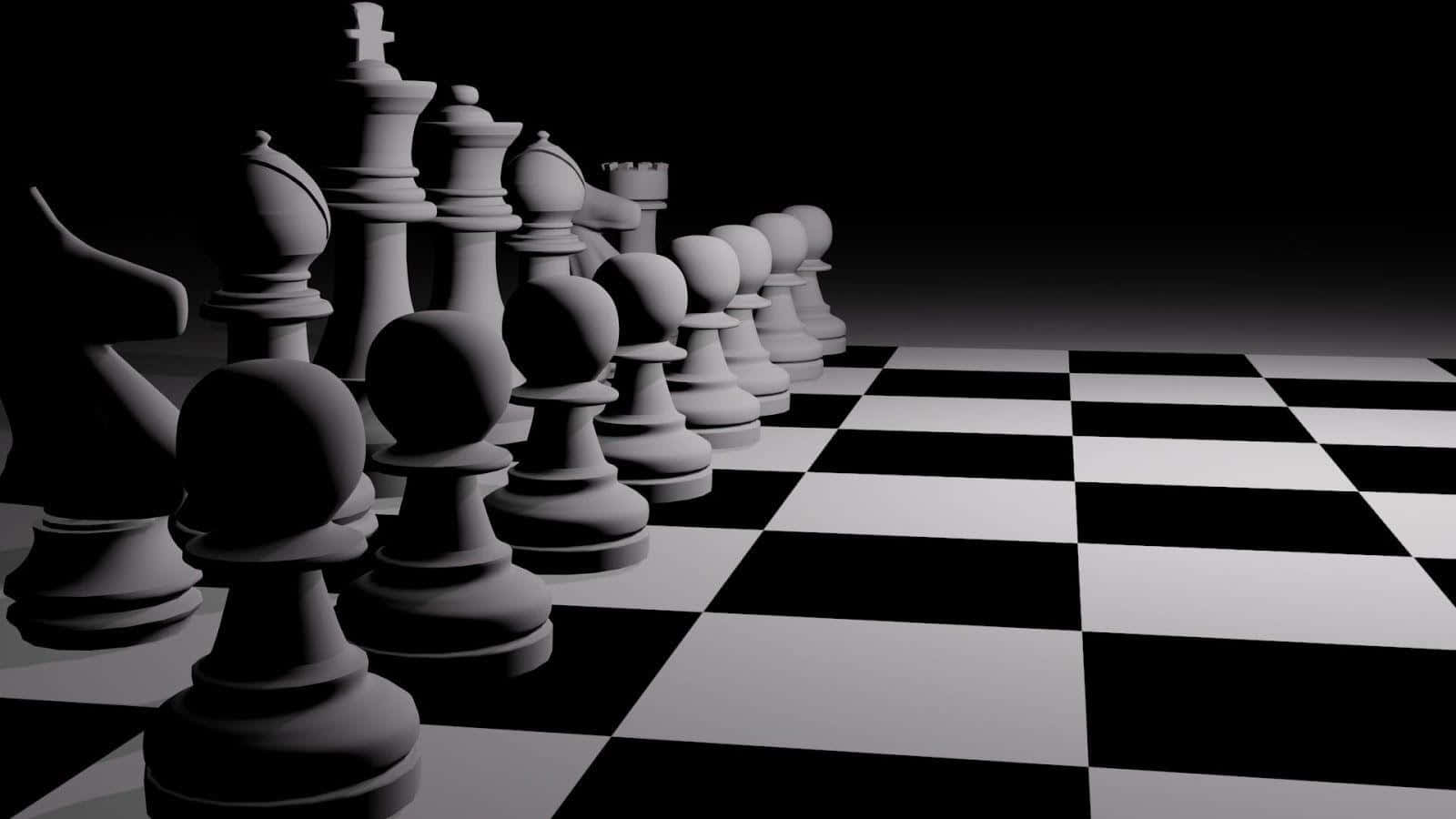 國際象棋 桌布 壁紙 — 單色棋子在 stark 棋盤上排列成陣，背景是黑暗虛空。