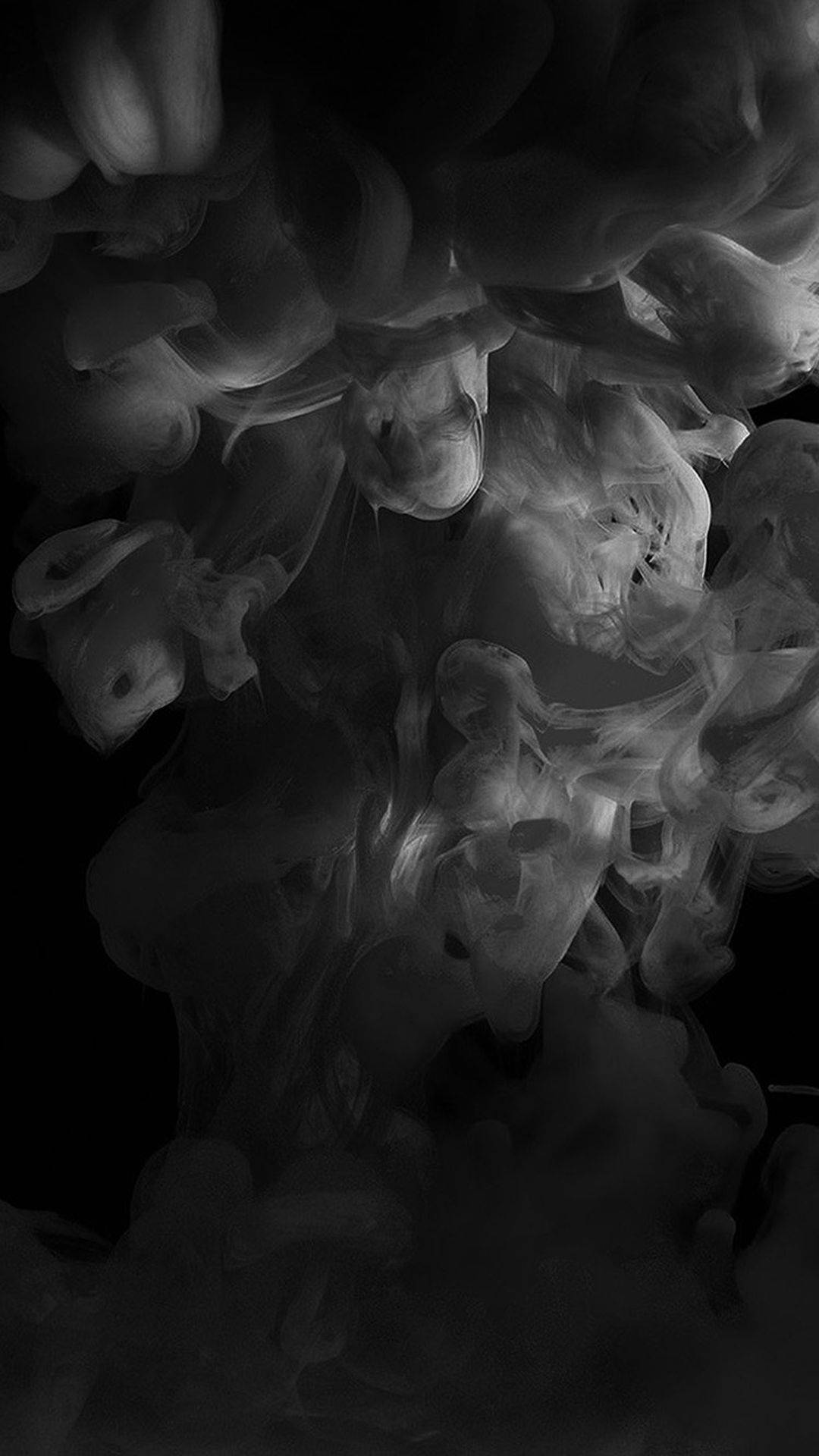 旋轉墨水雲在暗水中漂浮，創造出幽靈般的抽象形狀。