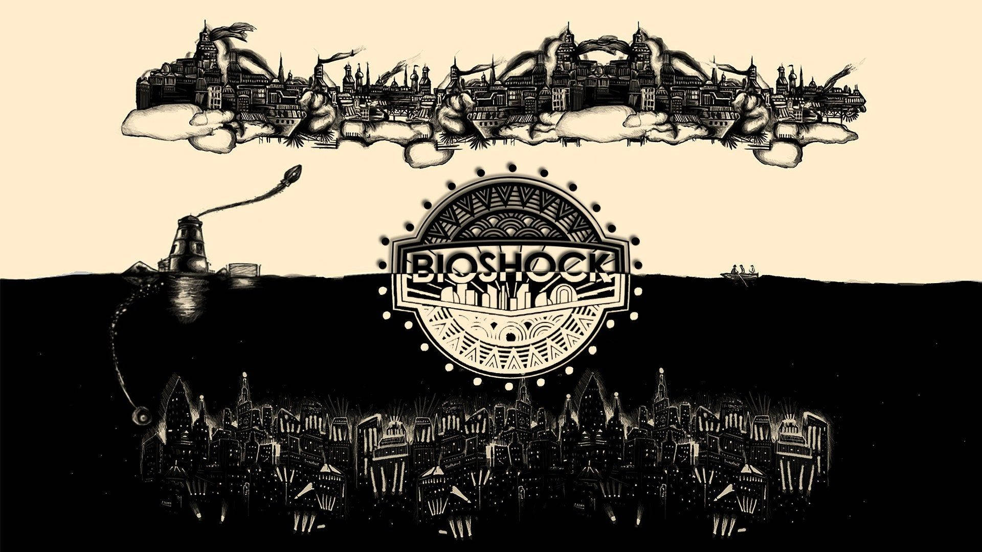 Bioshock標誌與沉沒和浮空城市景觀的黑白插圖。