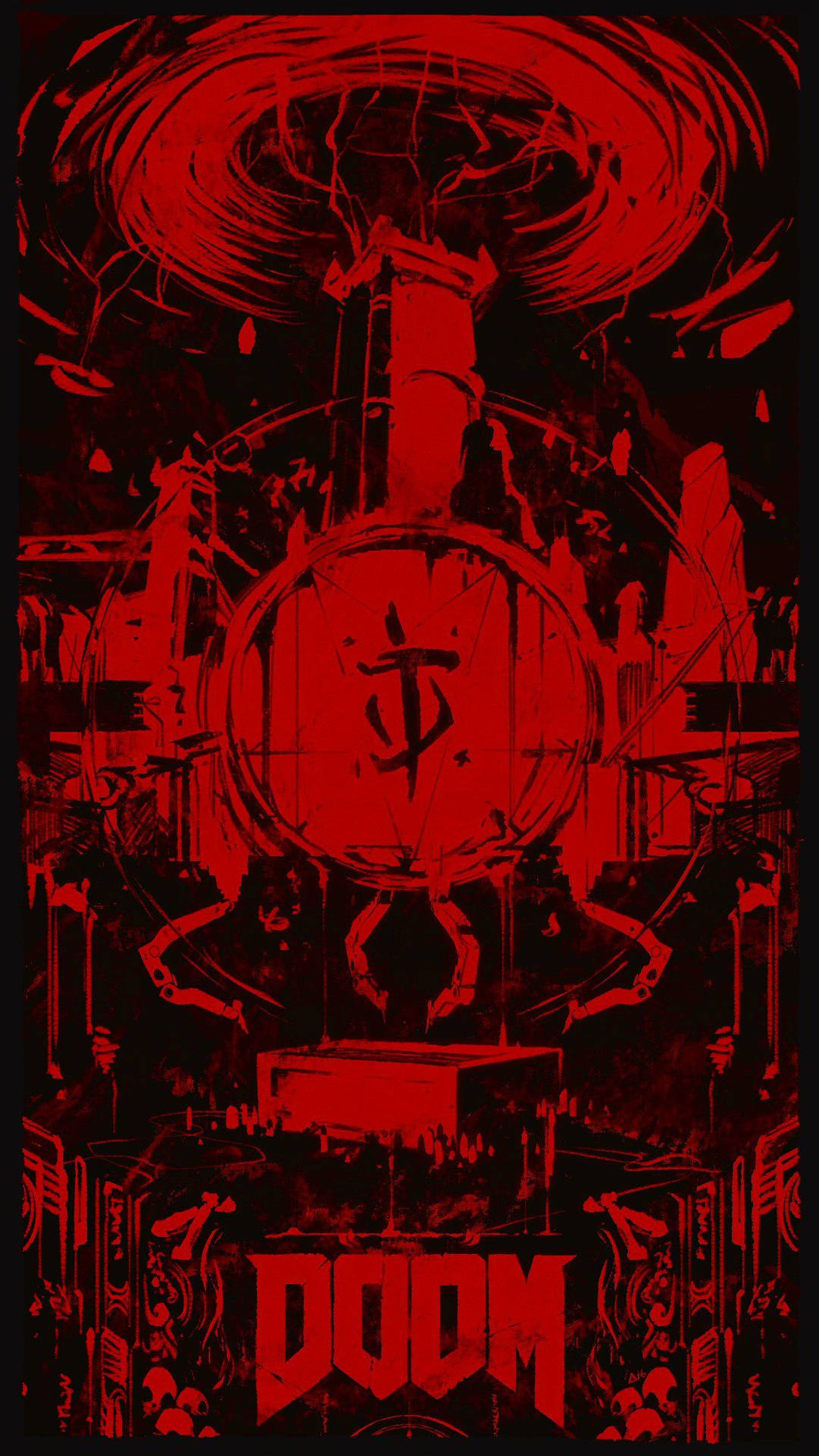 Doom遊戲海報，帶有紅色惡魔形象和美元符號標誌。