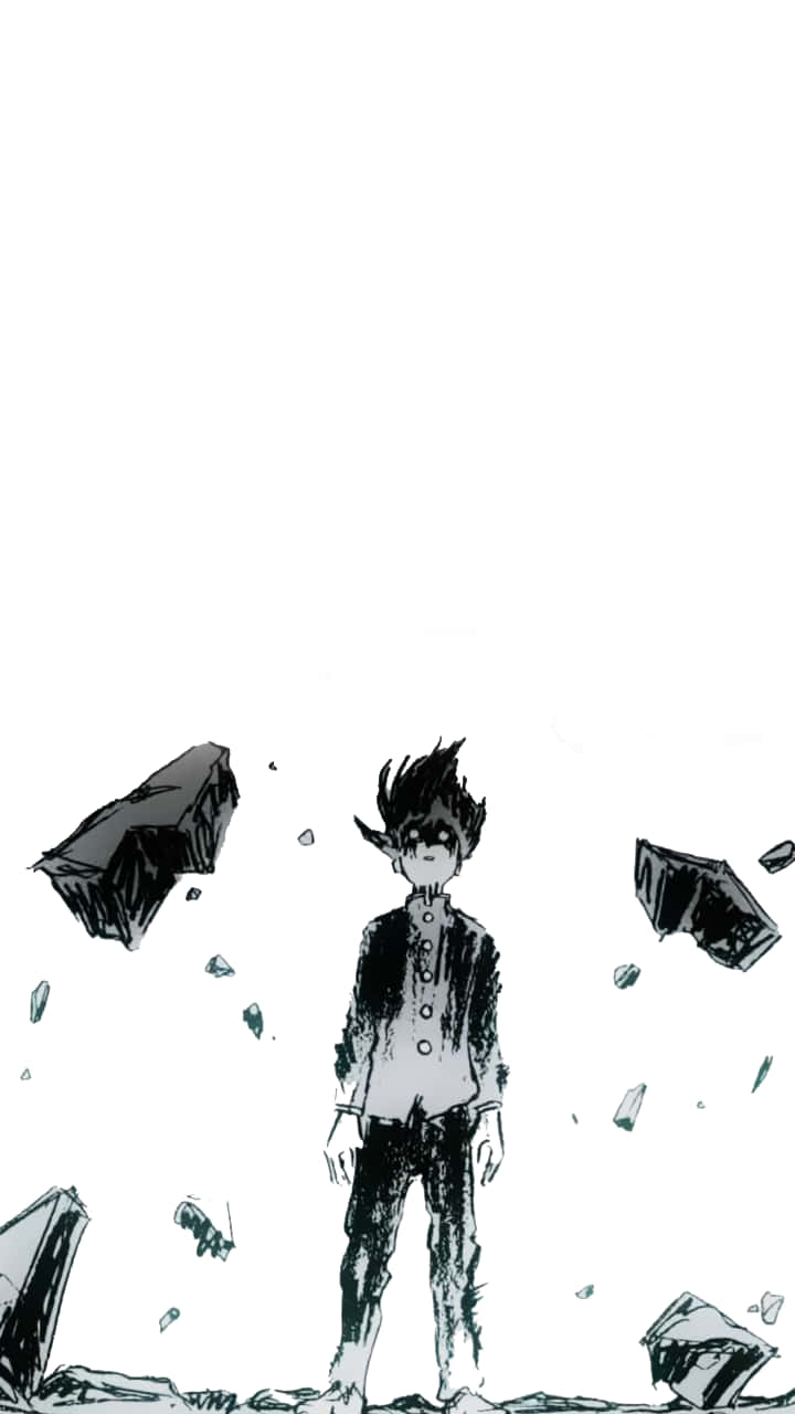 單色素描《路人女主》iPhone 壁紙 — 一個孤獨的動漫男孩站在漂浮的破碎碎片中，場景是鮮明的黑白。
