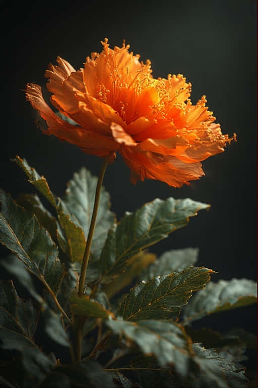 鮮豔的橙色牡丹，破損花瓣和綠葉，深色背景。