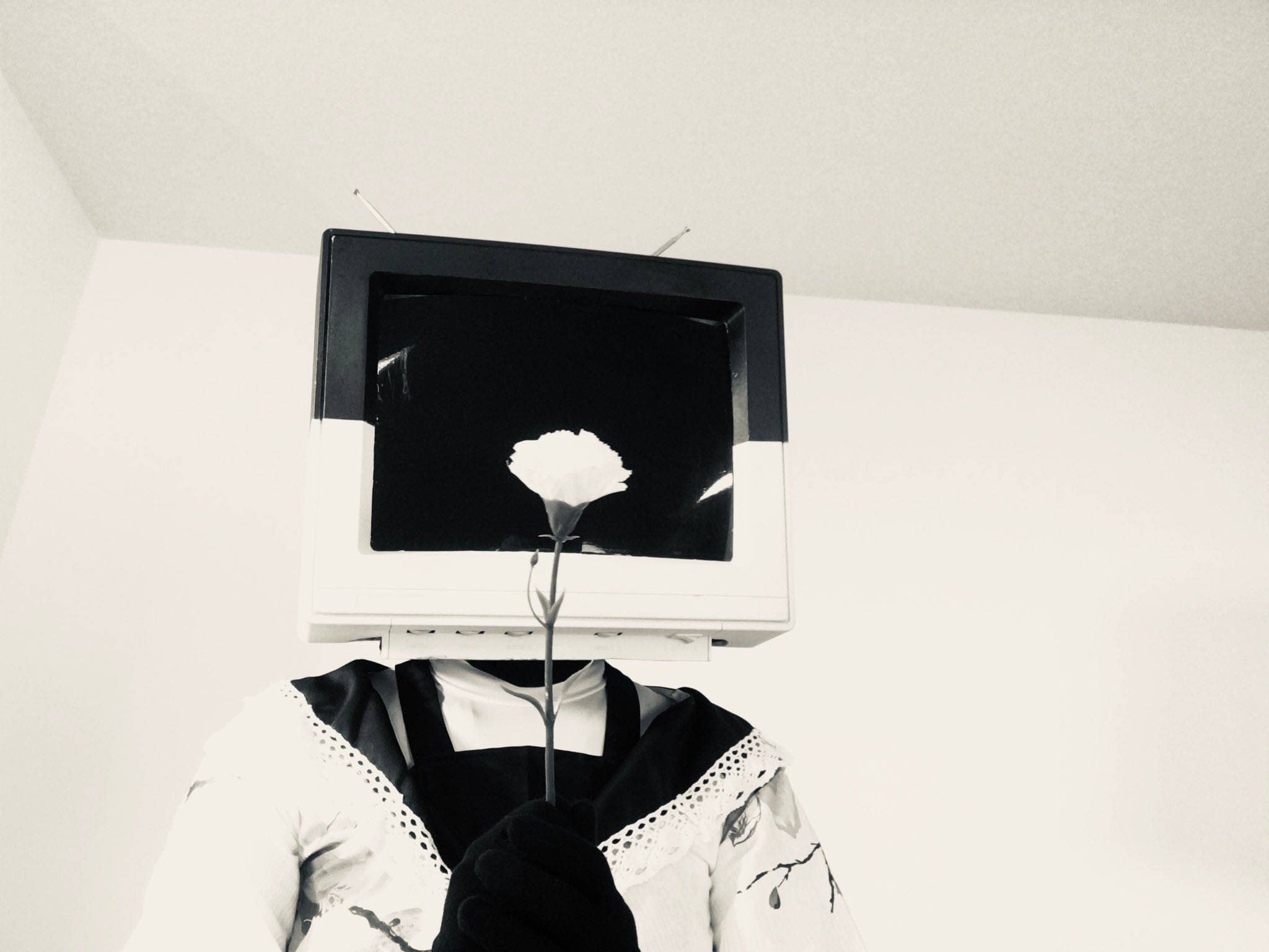 單色電視頭女孩 壁紙 — 一個頭部為復古電視的人，對著純白牆壁手持一朵白花。
