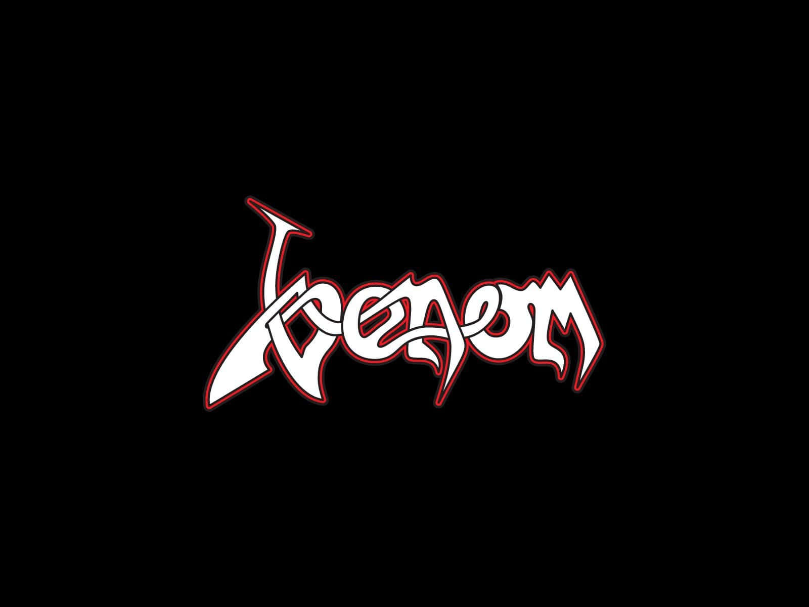 Venom Logo 桌布 壁紙 — 單詞「Venom」以白色和紅色的風格化塗鴉字體居中顯示在純黑色背景上。