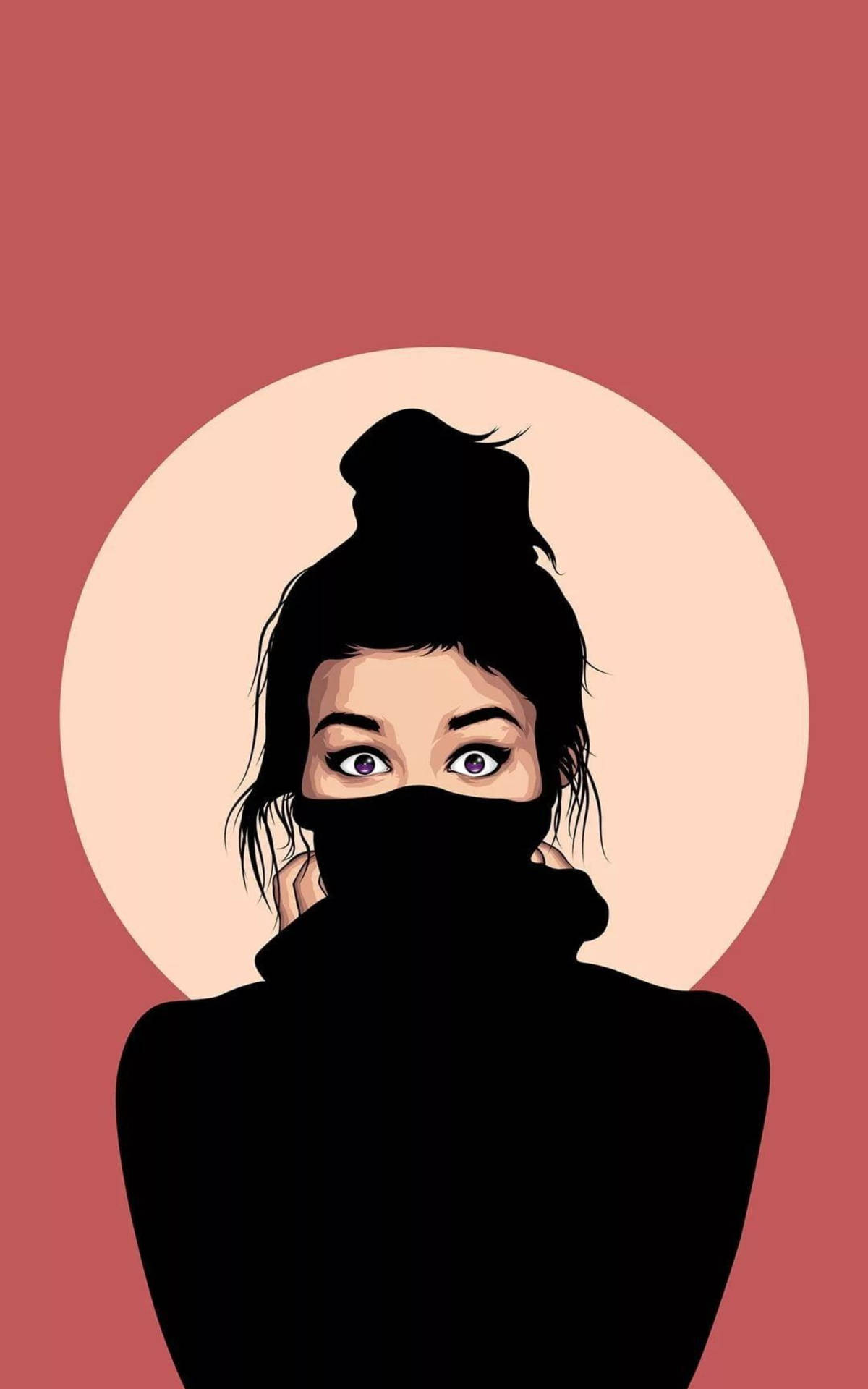 一位紫色眼睛的女性戴著黑色面罩，背景為玫瑰色。