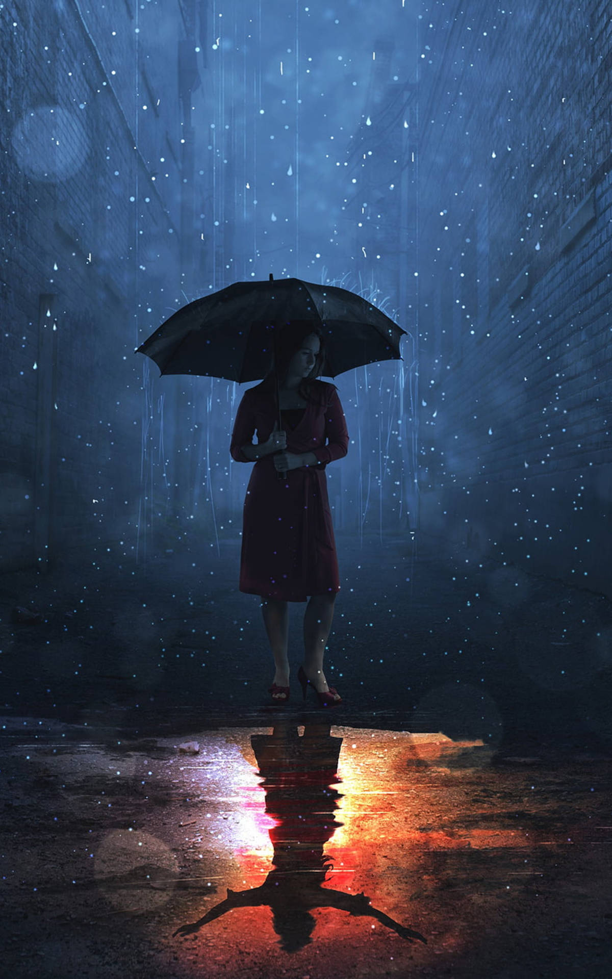 紅衣女子在雨巷中撐傘，倒影閃耀