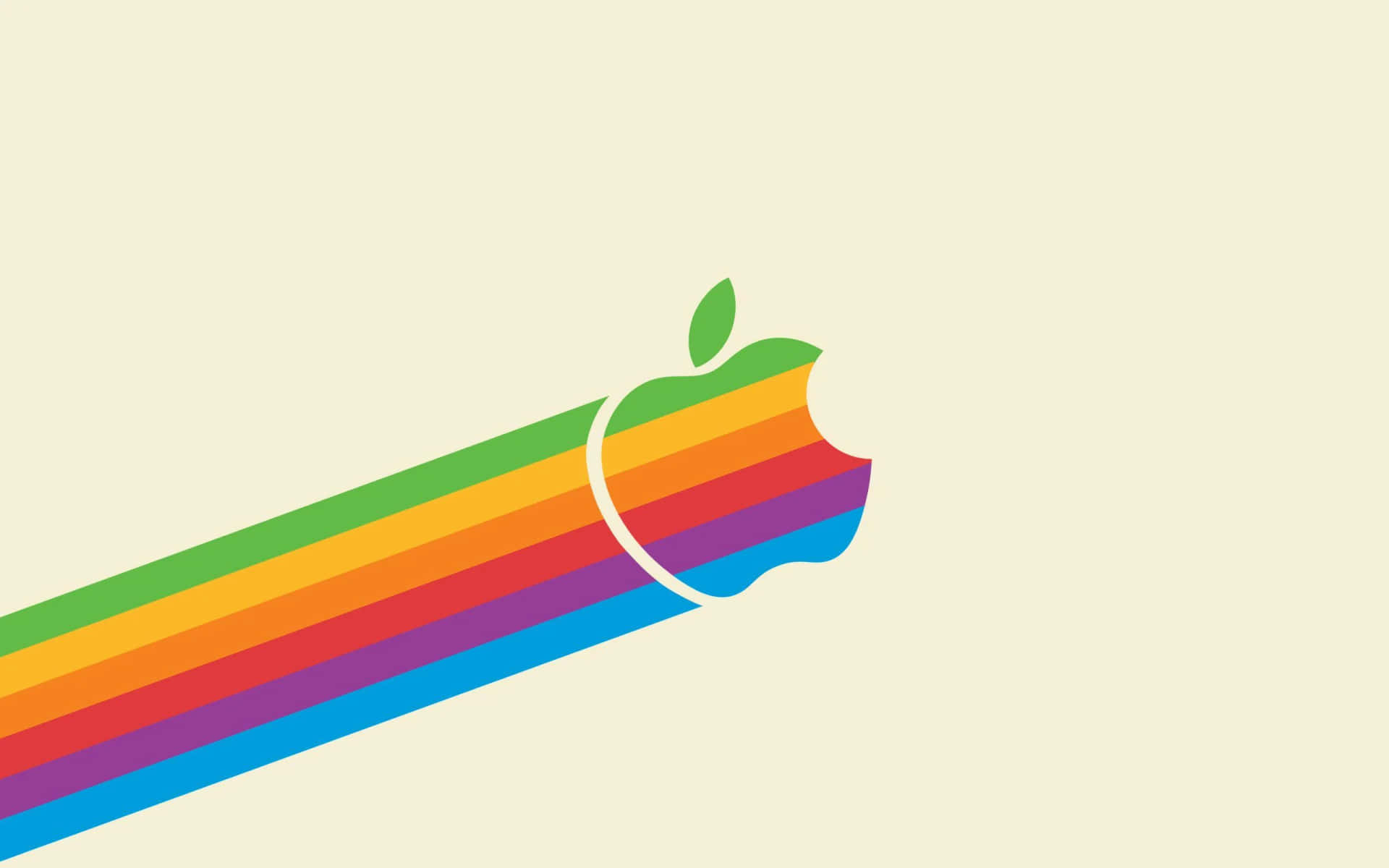 彩虹 Apple 標誌，帶咬痕和葉子，奶油色背景