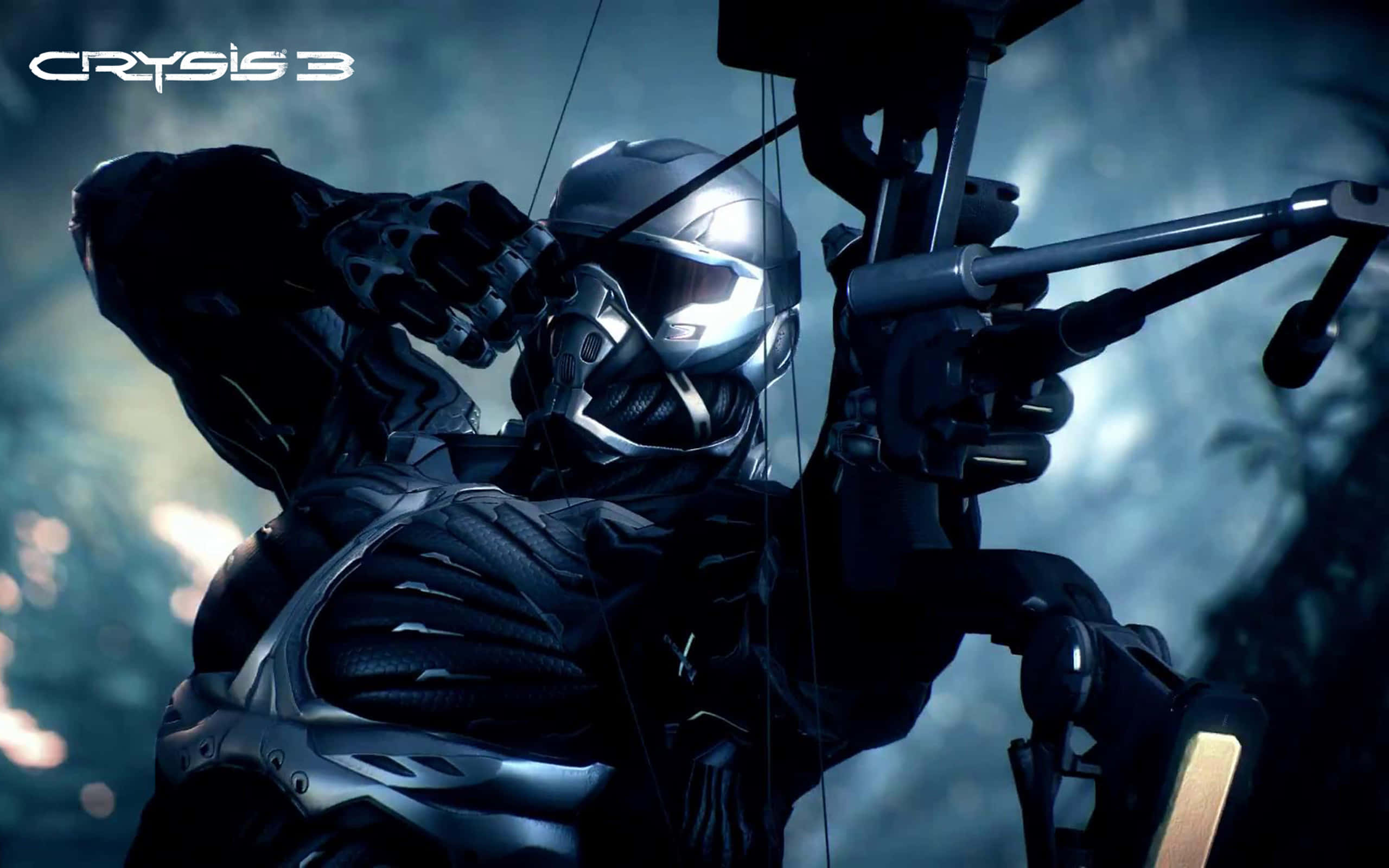 末日之戰3 桌布 壁紙 — 喺《Crysis 3》入面，一個身穿未來盔甲嘅士兵喺霧氣瀰漫嘅叢林背景下拉開一把高科技弓。