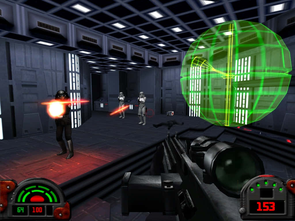 Dark Forces 桌布 壁紙 — 喺《星球大戰》遊戲入面嘅第一人稱射擊視角，暴風兵喺金屬走廊入面發射紅色爆能槍。