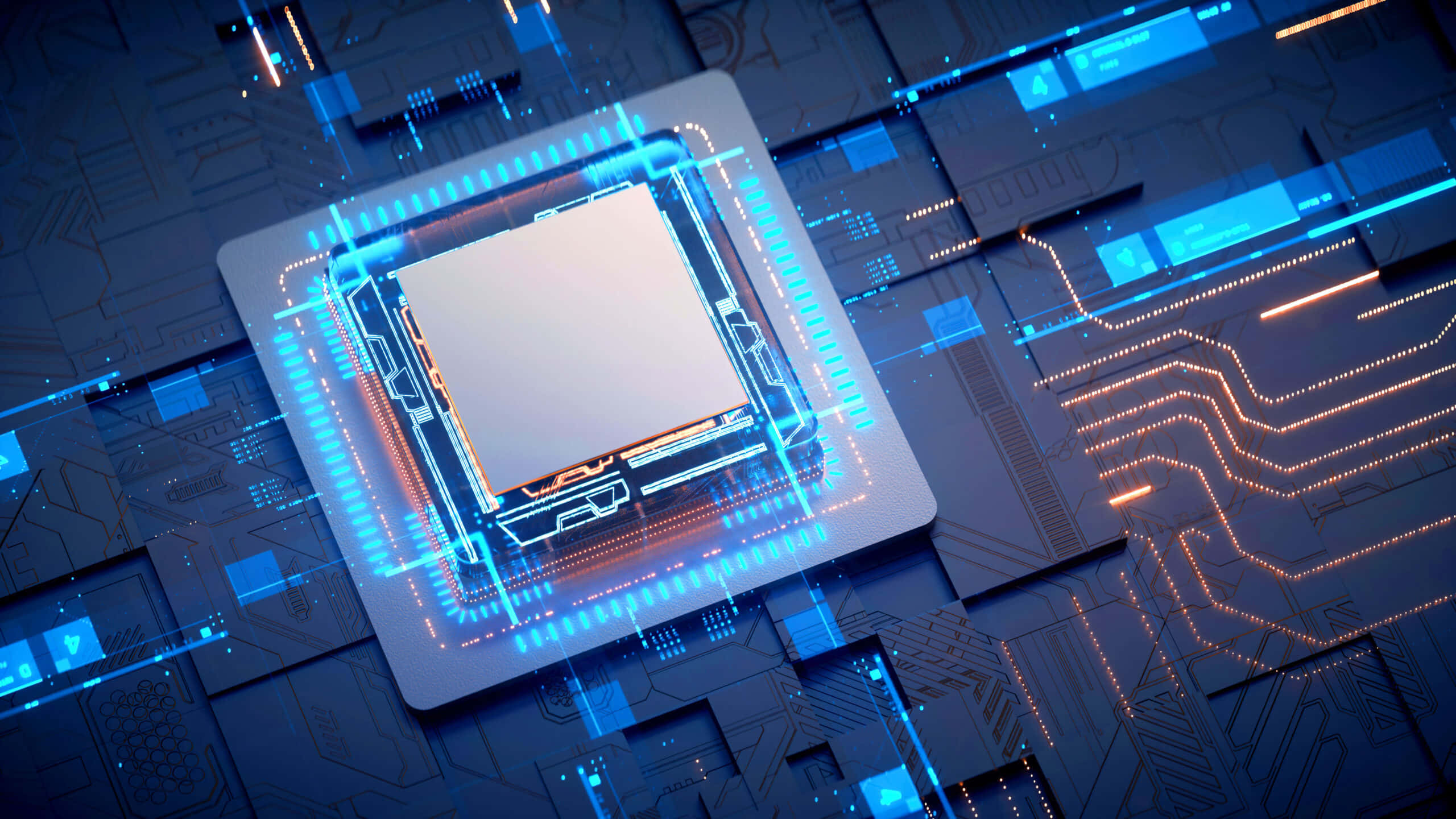 3d Technology 桌布 壁紙 — 喺一個高科技數碼環境入面，一塊複雜嘅電路板上，一粒發光嘅藍色同橙色微晶片充滿能量噉脈動緊。
