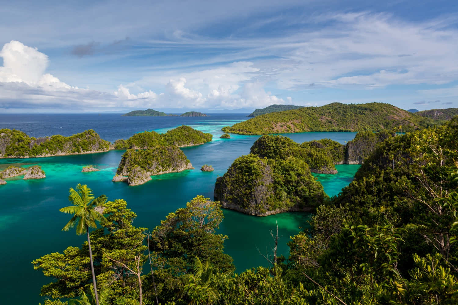 Indonesia 桌布 壁紙 — 喺局部多雲嘅藍天下，翠綠島嶼、碧綠海水同岩石突出嘅景觀。