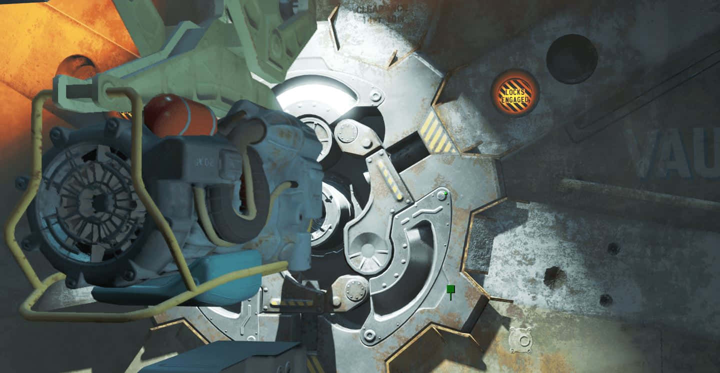 Fallout 4 Vault 桌布 壁紙 — 喺昏暗嘅工業環境中，複雜生鏽嘅機械齒輪同管道嘅特寫，帶有溫暖嘅橙色燈光。