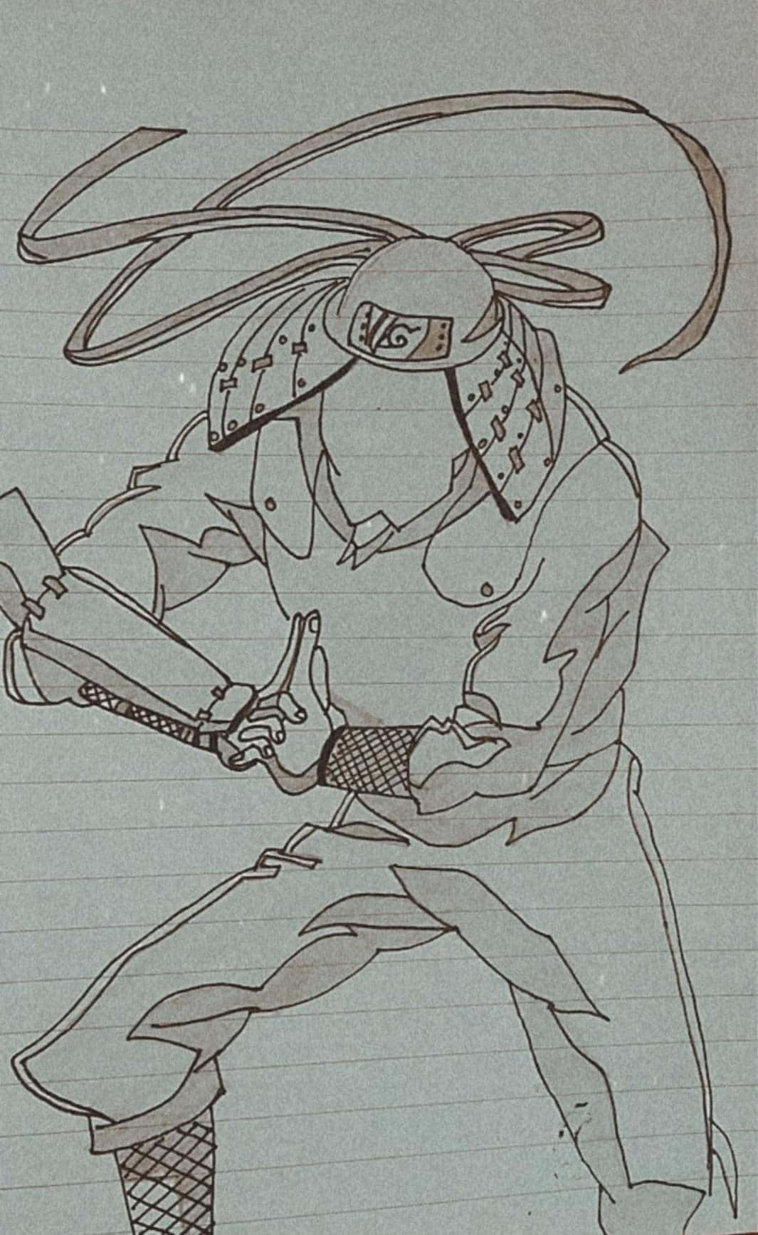 Third Hokage 桌布 壁紙 — 喺有線嘅筆記簿紙上，一個戴住面具嘅忍者擺出戰鬥姿勢嘅動態線條草圖。