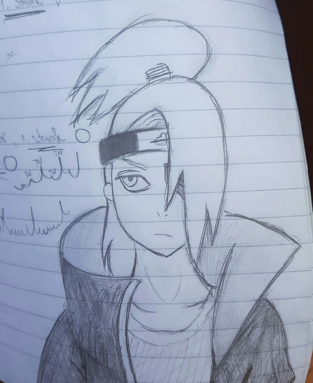 Akatsuki Drawing 桌布 壁紙 — 喺有線嘅筆記簿紙上畫嘅一個詳細鉛筆素描，描繪一個戴頭帶同有尖刺頭髮嘅動漫角色。