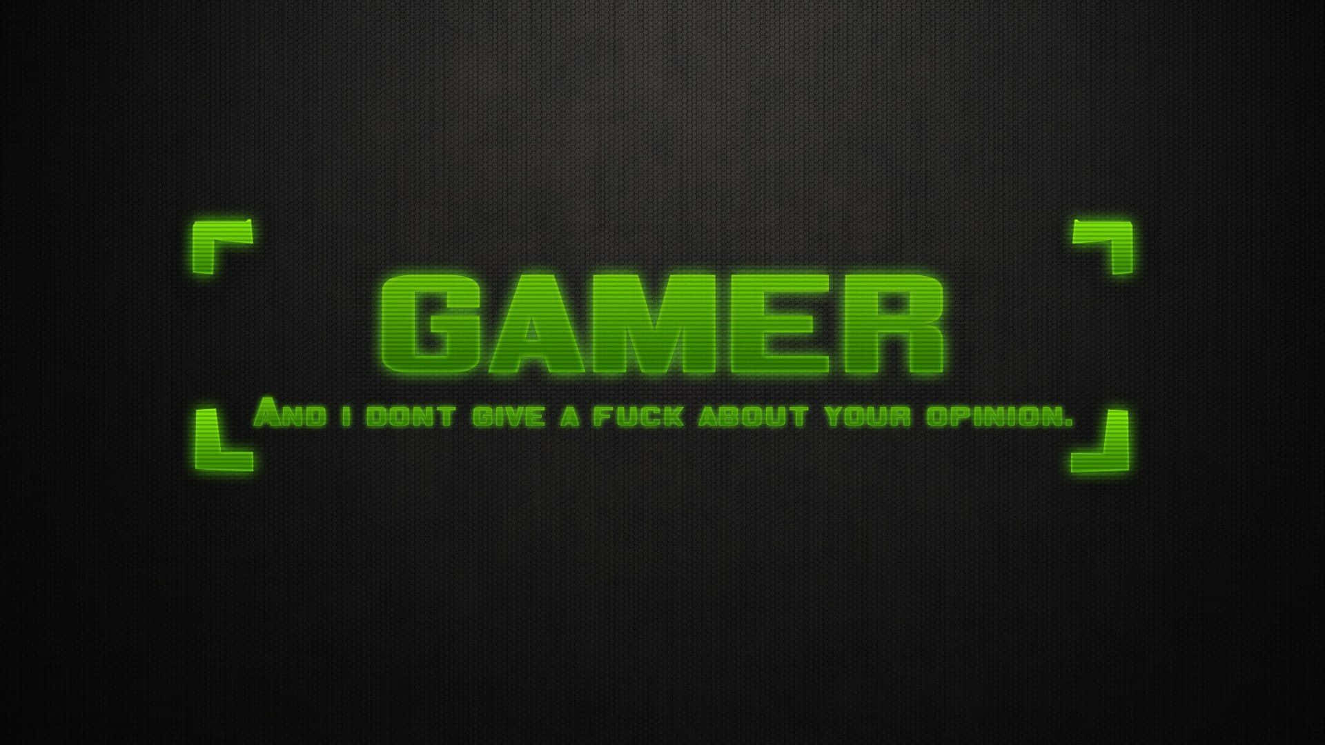 Cool Gaming 桌布 壁紙 — 喺深色紋理背景上，粗體綠色發光文字顯示「GAMER」同「AND I DONT GIVE A FUCK ABOUT YOUR OPINION」。