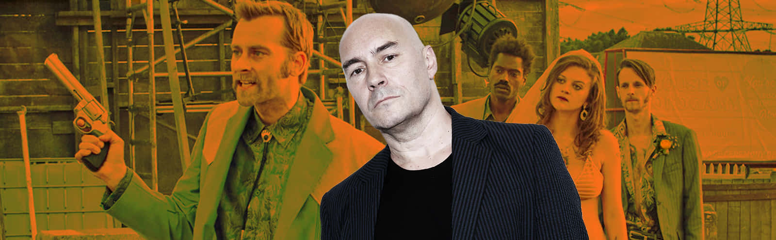 Grant Morrison 桌布 壁紙 — 喺溫暖嘅橙色同綠色調下，五個男人同一個女人喺建築工地嘅粗糙拼貼畫。