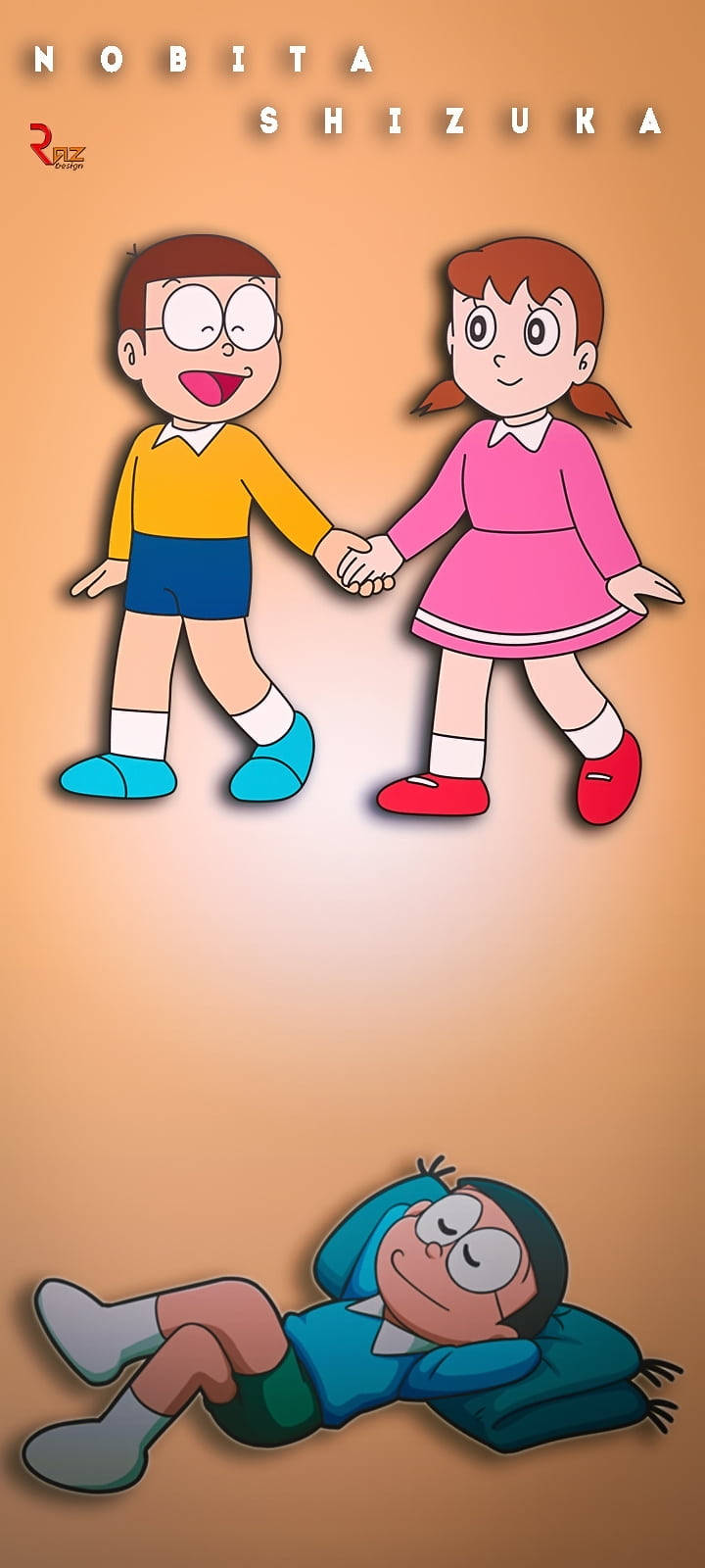 Doraemon 桌布 壁紙 — 喺溫暖嘅橙色背景上，大雄同靜香手拖手微笑喺瞓緊覺嘅多啦A夢上面。
