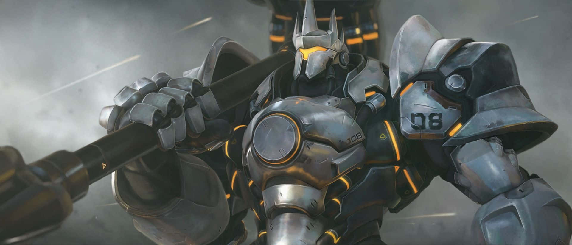 Overwatch Reinhardt 桌布 壁紙 — 喺煙霧彌漫嘅戰場上，一座高聳嘅裝甲機甲帶有發光橙色點綴，緊握住一把巨大嘅武器。