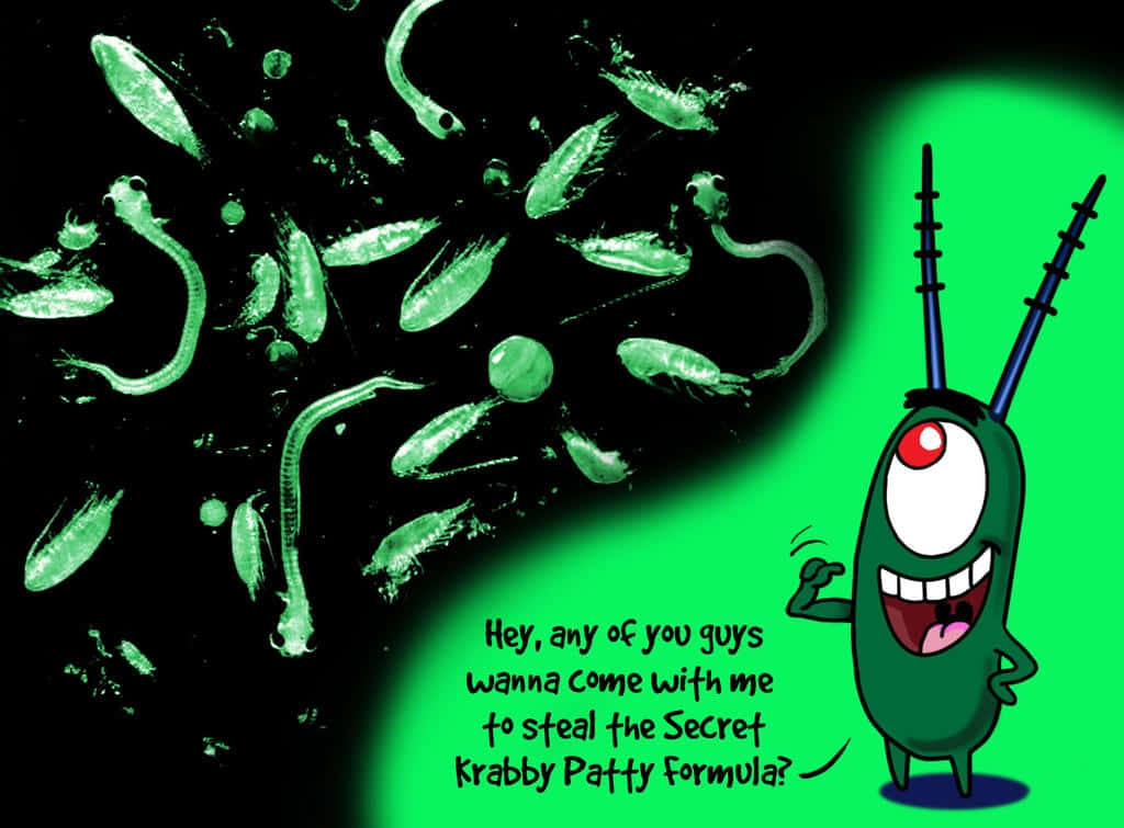 plankton 桌布 壁紙 — 喺發光綠色浮游生物中，Squidward 邀請觀眾偷取 Krabby Patty 配方嘅卡通場景。