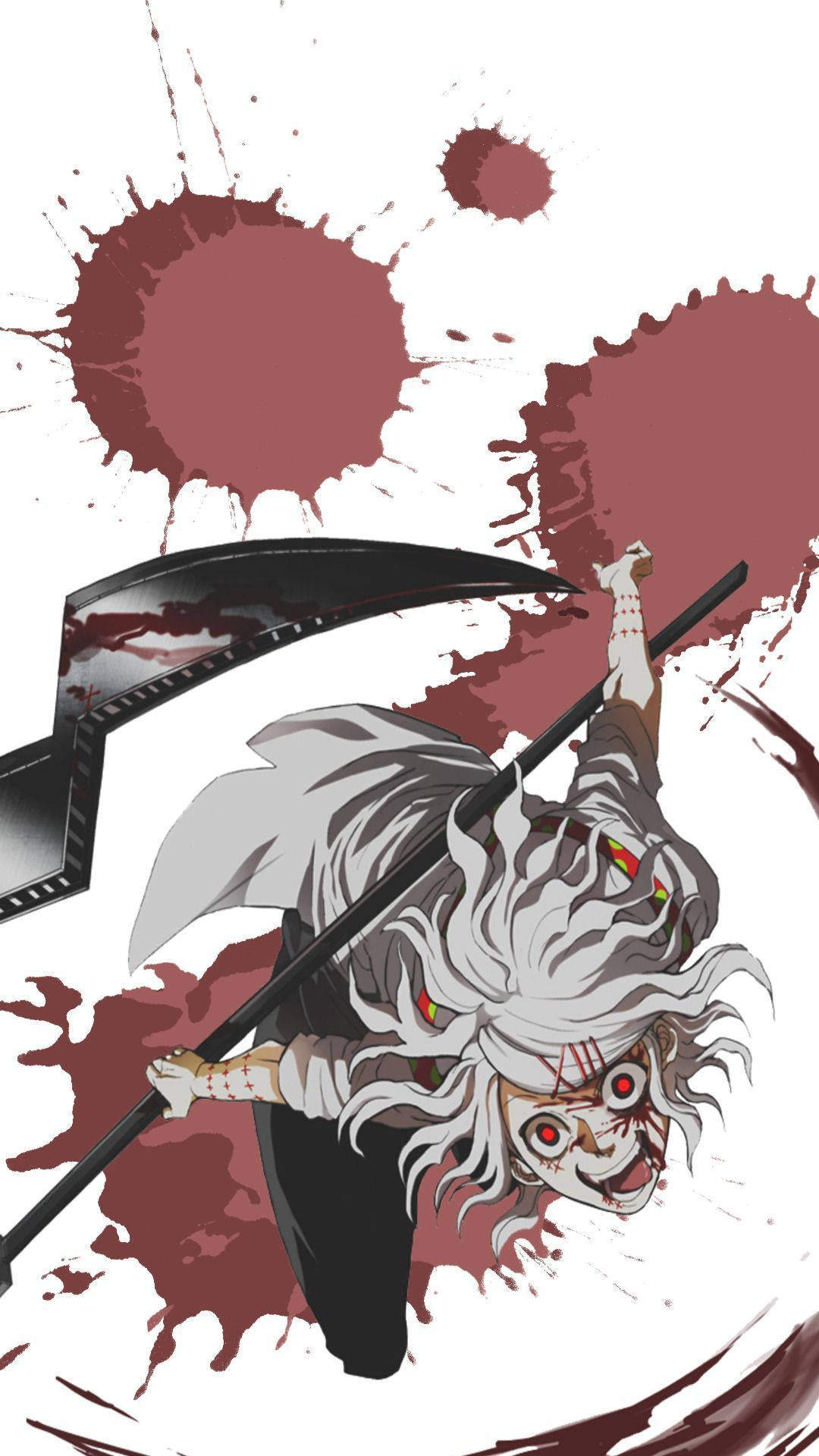 白髮紅眼的動漫惡魔在血跡中揮舞鐮刀。