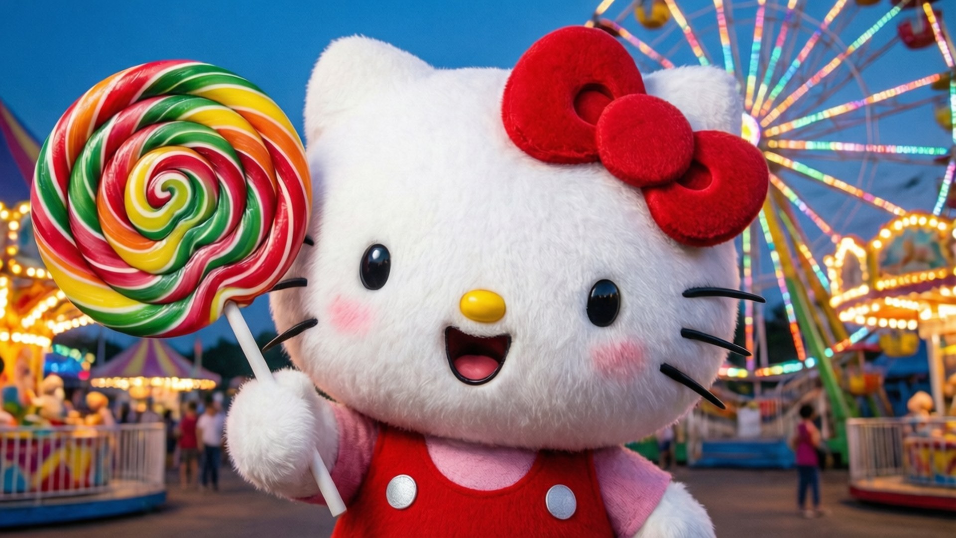 嘉年華Hello Kitty 壁紙 — Hello Kitty 吉祥物手持巨型彩虹棒棒糖，在一個充滿活力的夜間嘉年華中，背後有發光的摩天輪。