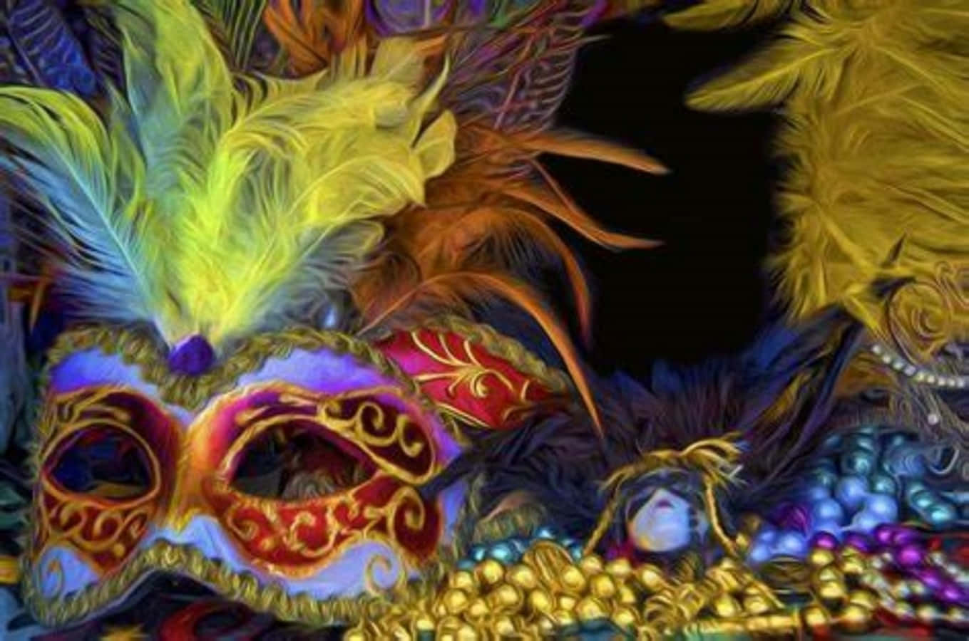 嘉年華盛況空前 壁紙 — 色彩繽紛的狂歡節面具飾有彩色羽毛和金色珠子，在黑暗背景下閃閃發光。