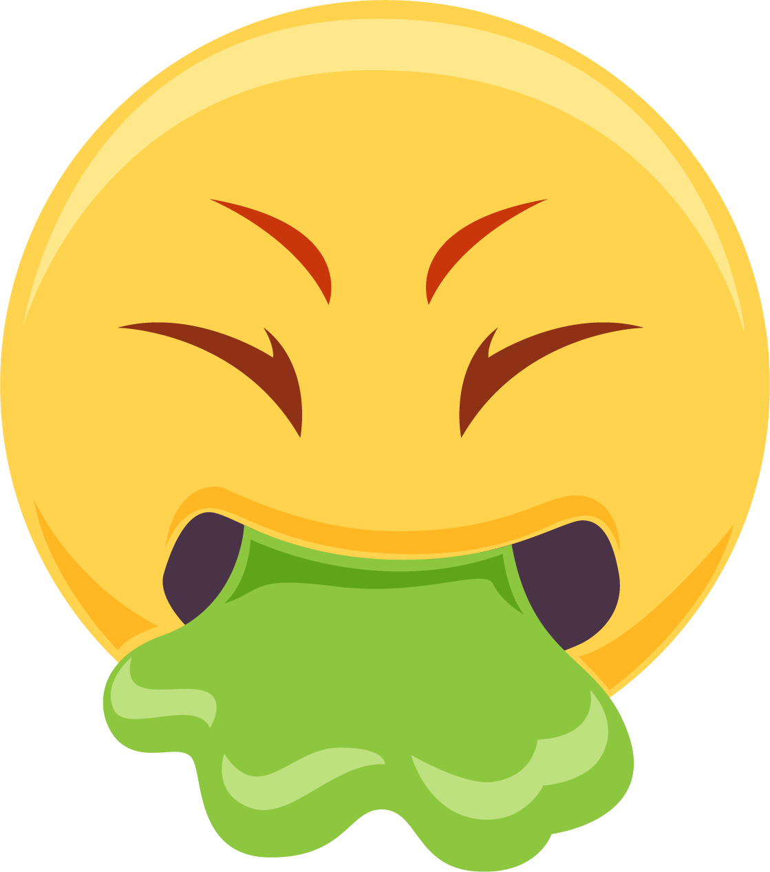 嘔吐表情符號圖像 壁紙 — 一個黃色表情符號臉，帶有憤怒的眉毛和從嘴裡滴下的綠色黏液。
