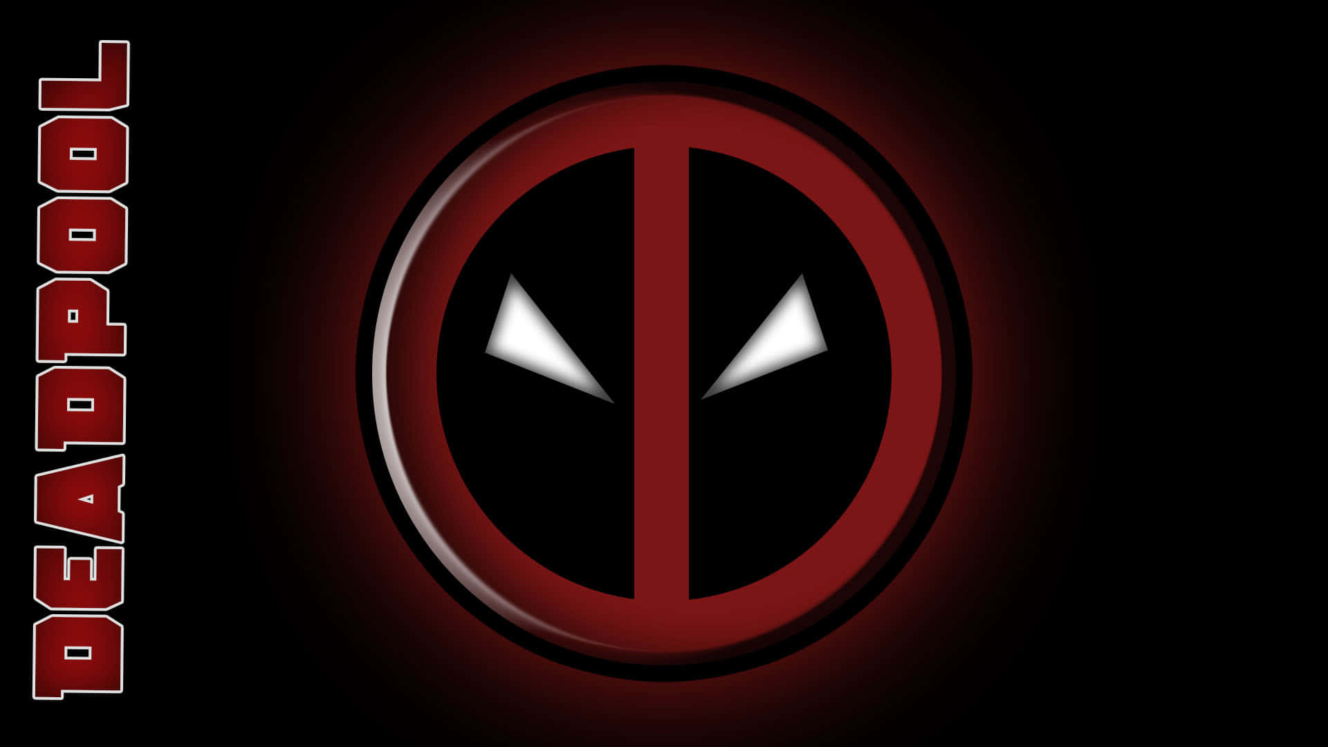 黑暗背景上帶有紅色光芒和垂直文字的 Deadpool 標誌