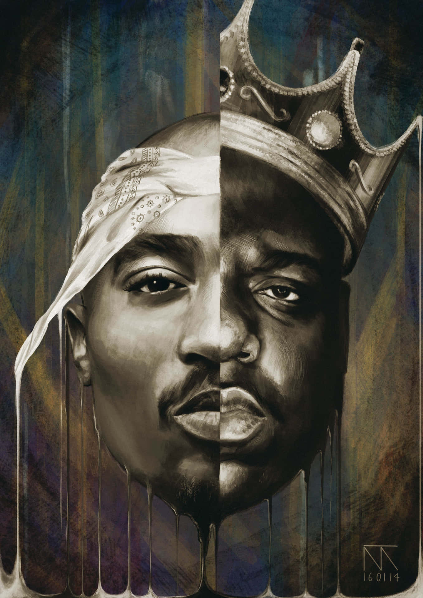 Tupac Shakur 的分割肖像，戴頭巾和皇冠，帶有滴落油漆效果。