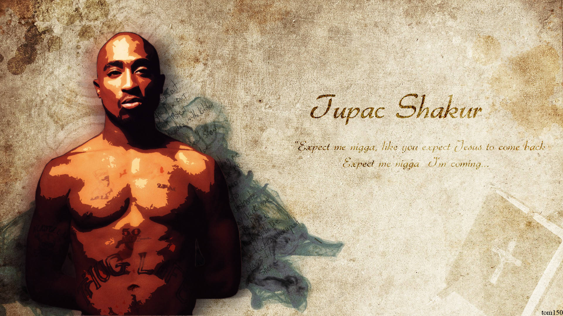 嘻哈傳奇 2Pac 藝術 2D 呈現 壁紙 — Tupac Shakur 的風格化肖像，帶有紋身和陰影，背景為有紋理的復古背景，並附有他的名字和引言。