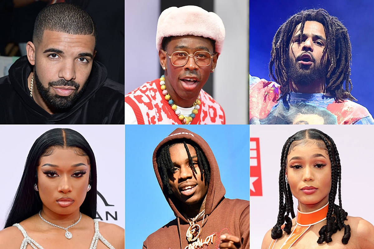 嘻哈巨星Drake與Megan 壁紙 — 六個名人肖像以網格排列，展示多樣化的時尚和表情，背景各異。