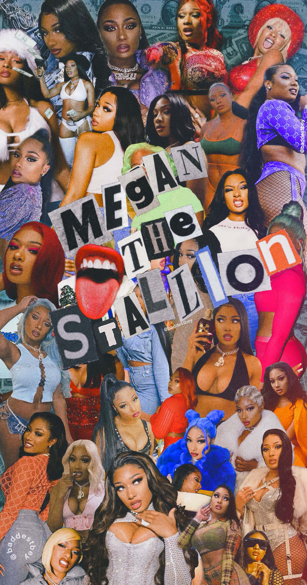 Megan The Stallion 拼貼畫，包含金錢和粗體文字。