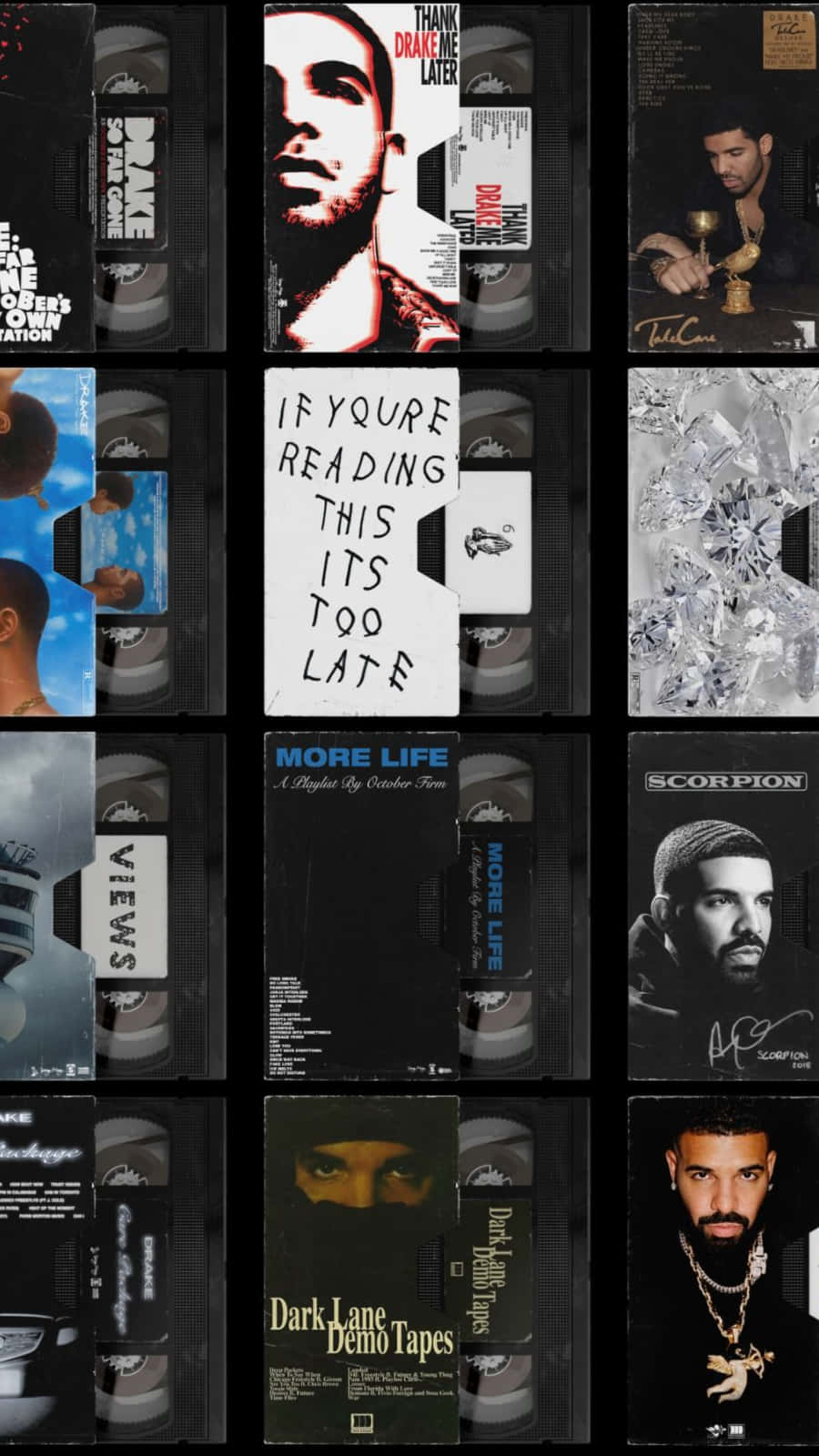 Drake 的 VHS 錄音帶專輯封面排列成網格，帶有粗體文字和肖像。