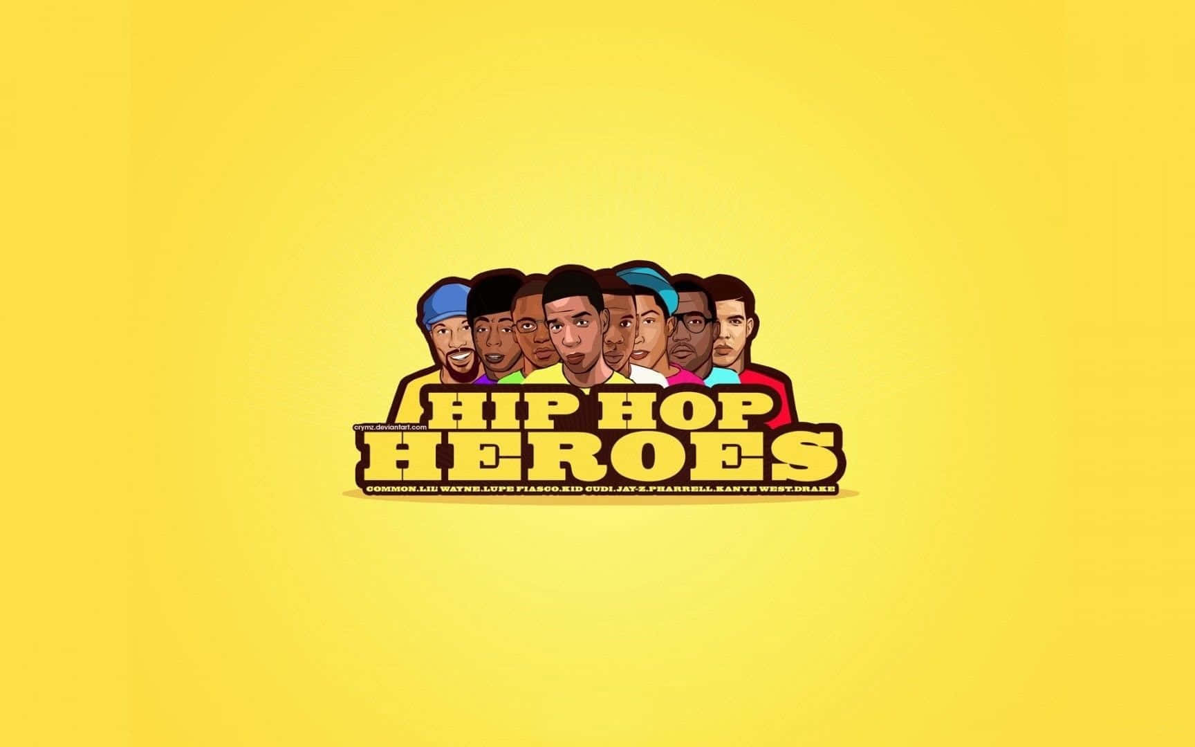 標誌包含七位嘻哈藝術家的卡通肖像和『Hip Hop Heroes』文字。