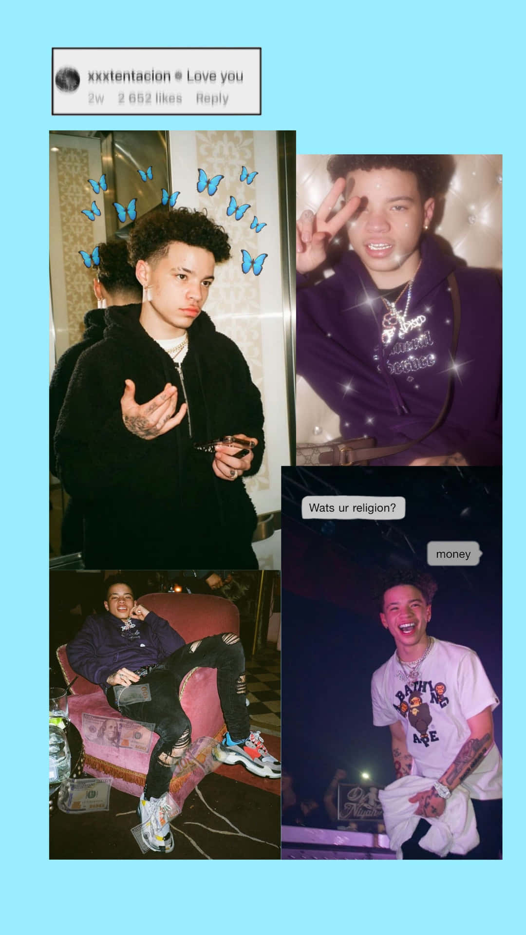 年輕男子以各種服裝擺姿勢的拼貼，附有文字疊加和蝴蝶圖案。