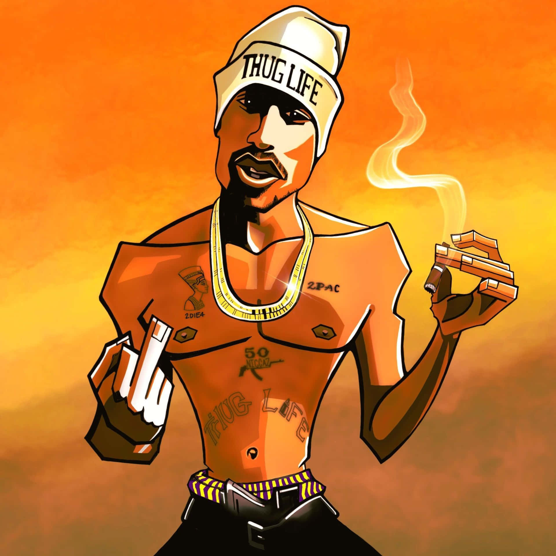 2Pac戴著'Thug Life'冷帽和金鏈，在橙色日落背景下抽雪茄。