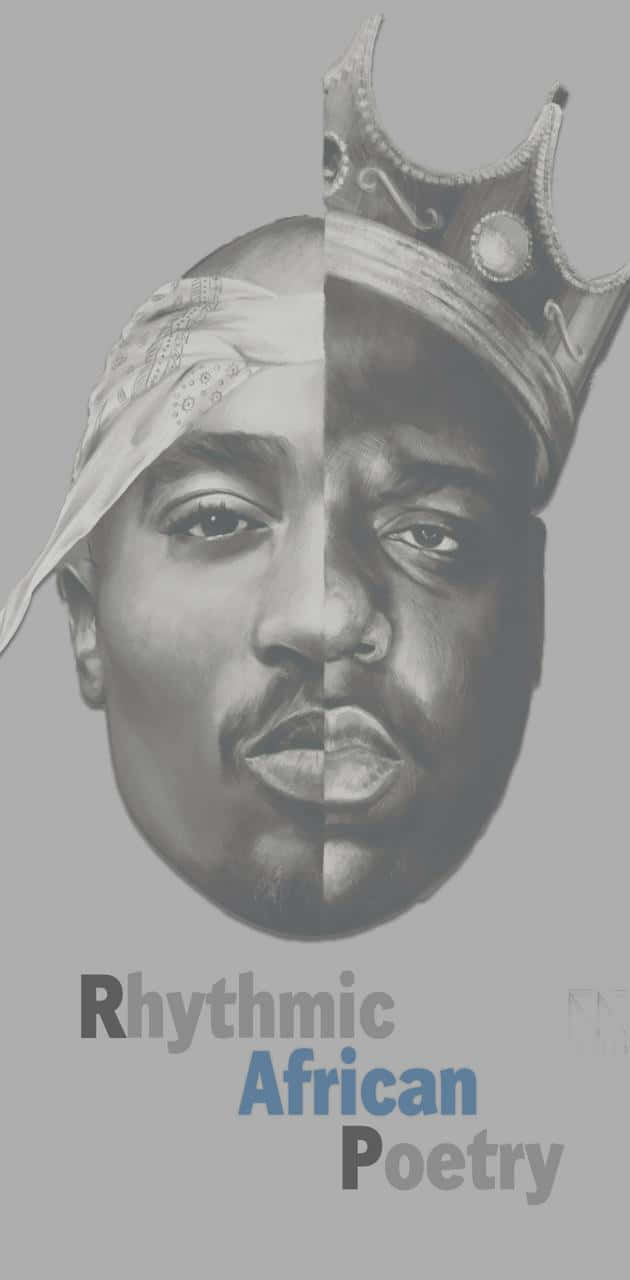 Tupac Shakur 戴頭巾和皇冠的分割肖像，文字為節奏感非洲詩歌。