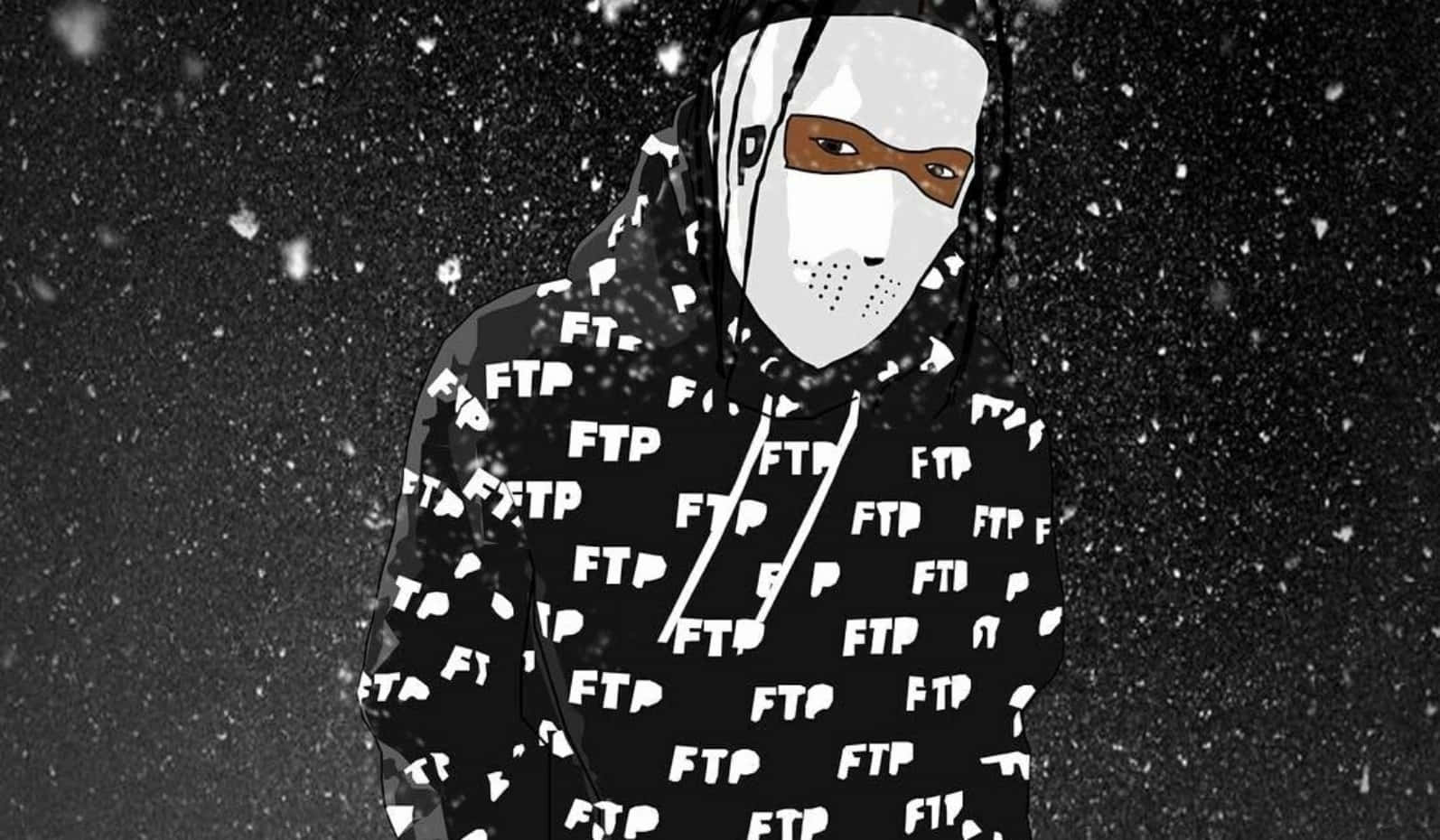 在飄雪中，戴著面具和印有 'FTP' 文字的連帽衫的人。