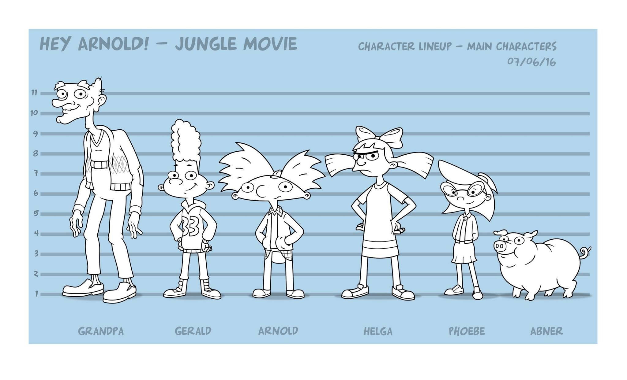 《嘿！阿諾德！》角色設定圖 壁紙 — Hey Arnold! 主要角色以黑白卡通風格排列在淺藍色身高圖背景前。