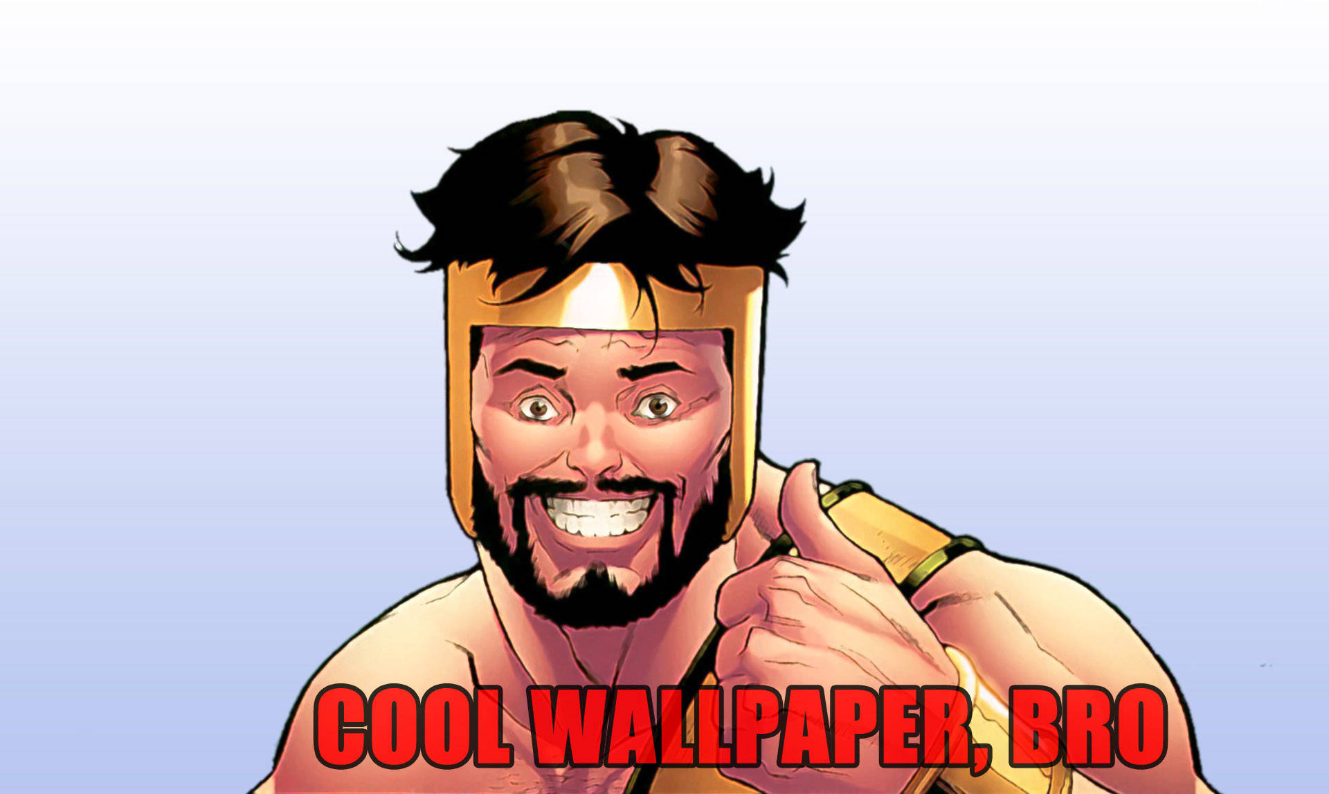 卡通男人戴金色頭盔豎起大拇指，紅色文字 cool wallpaper bro