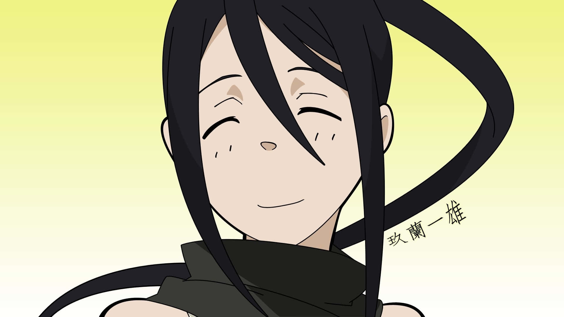 《噬魂者》中川綾子背景 壁紙 — 黑髮閉眼的動畫女孩在柔和的黃色漸變背景上溫柔地微笑。