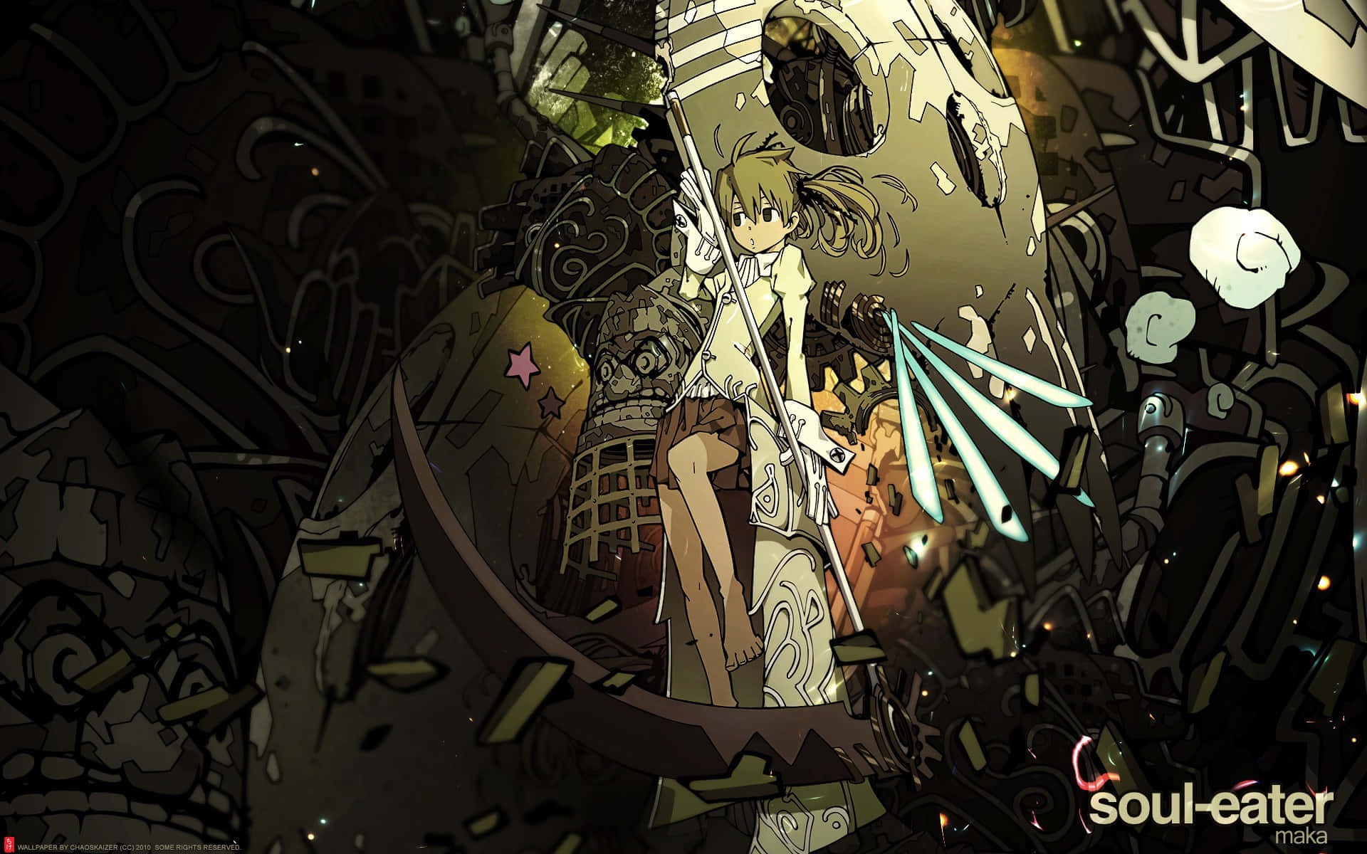 《噬魂者》主角馬卡·奧爾巴恩背景 壁紙 — 一個年輕的動漫女孩拿著劍，站在黑暗工業環境中破碎的機械碎片之間。