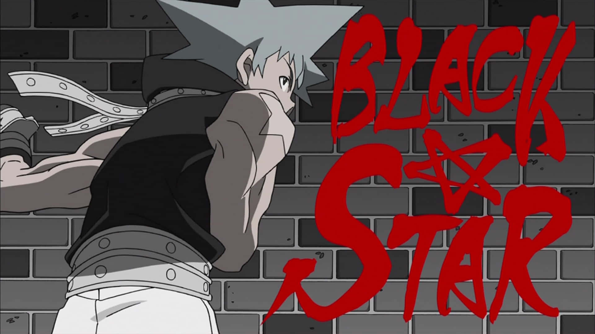 《噬魂者》角色黑星背景 壁紙 — 動漫角色 Black Star 站在磚牆前，他的名字以粗體紅色塗鴉呈現。